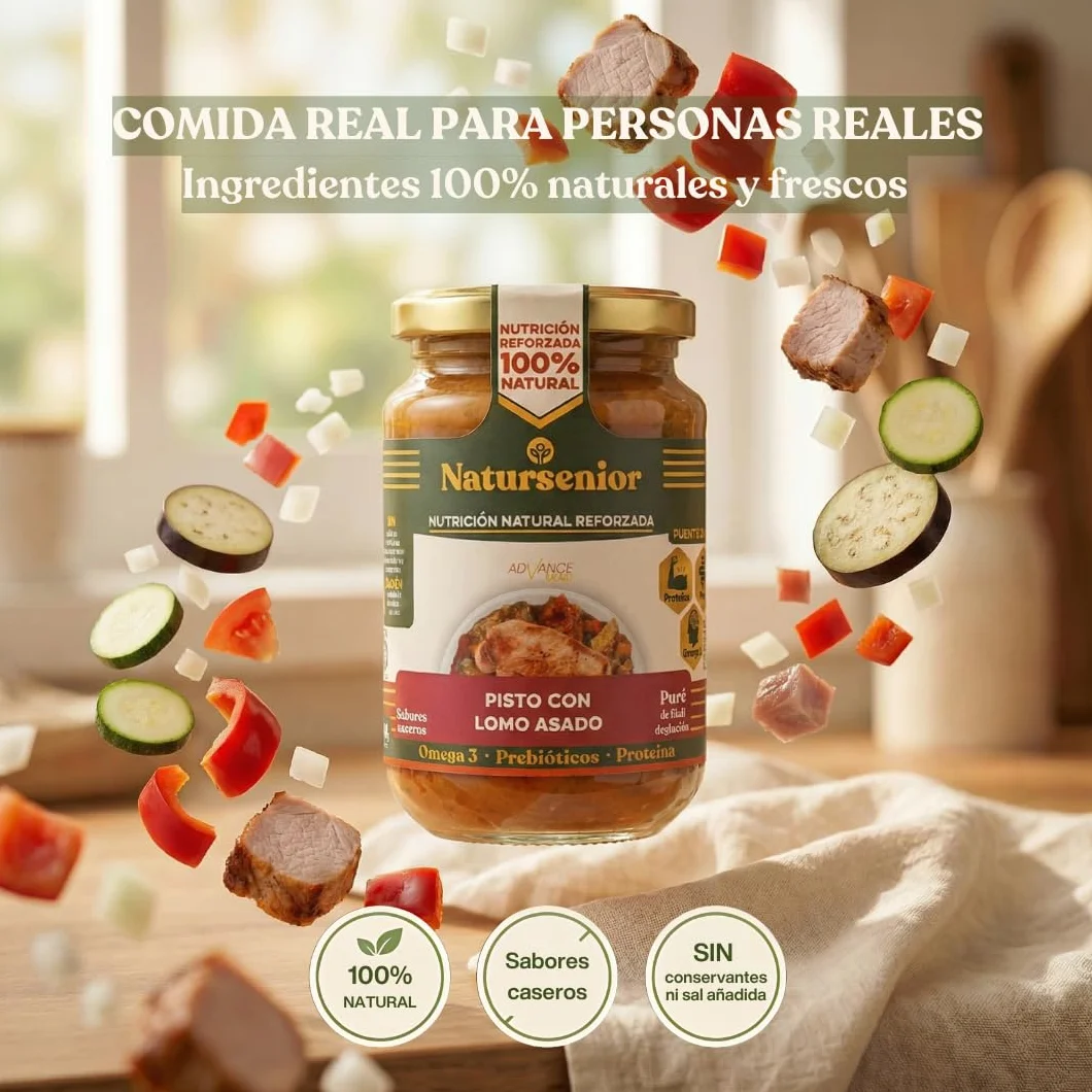 Natursenior - Comida Triturada para Personas Mayores - Pack Puré de Pisto con Lomo Asado - 100% Natural, Omega 3, Fibra, Proteína - 6 uds x 340g