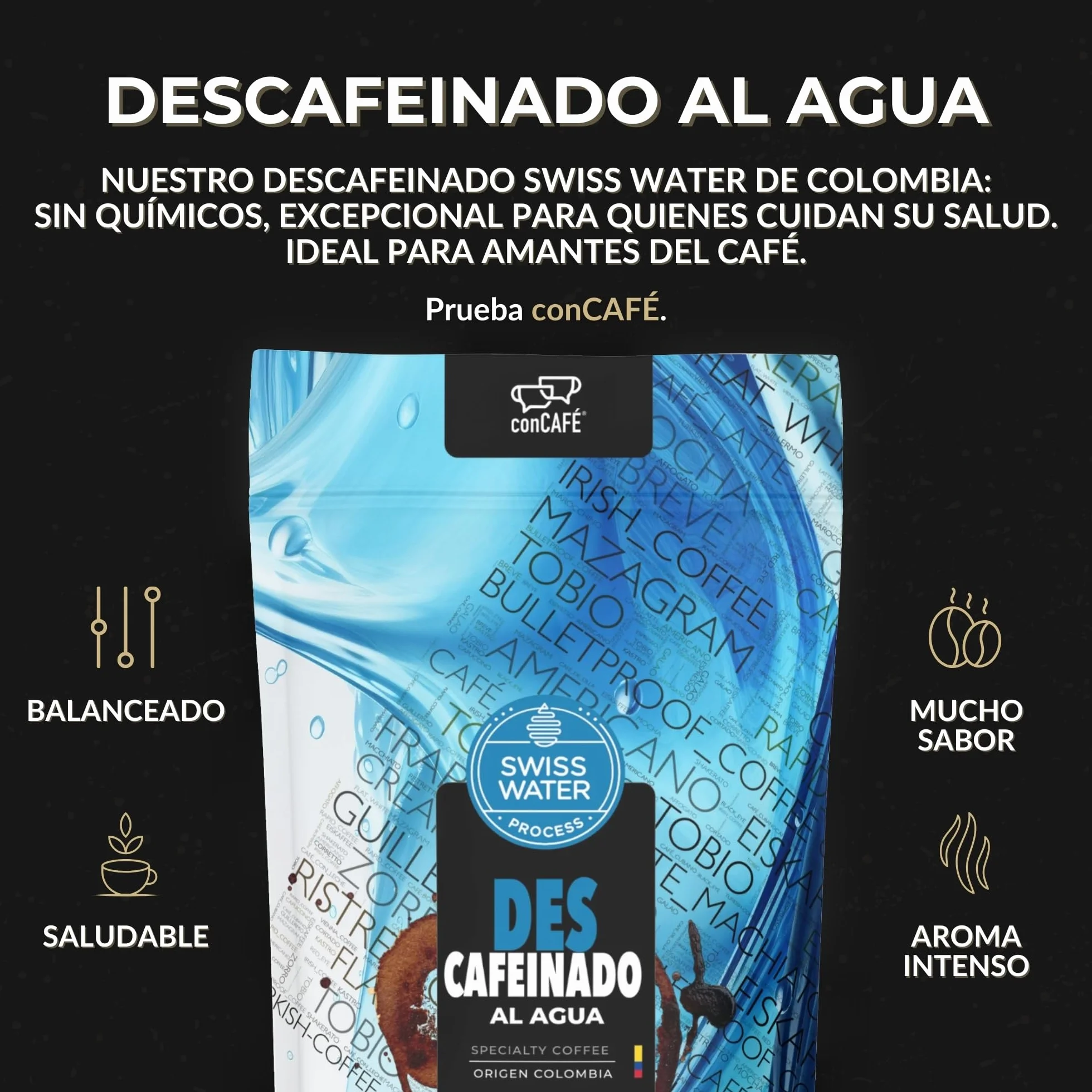 conCAFÉ - Café en grano Descafeinado al agua sin químicos y certificado por Swiss Water | Colombia | 100% Arábica | Specialty Coffee +80 puntos | Tueste Natural y Artesanal | Paquete 500g