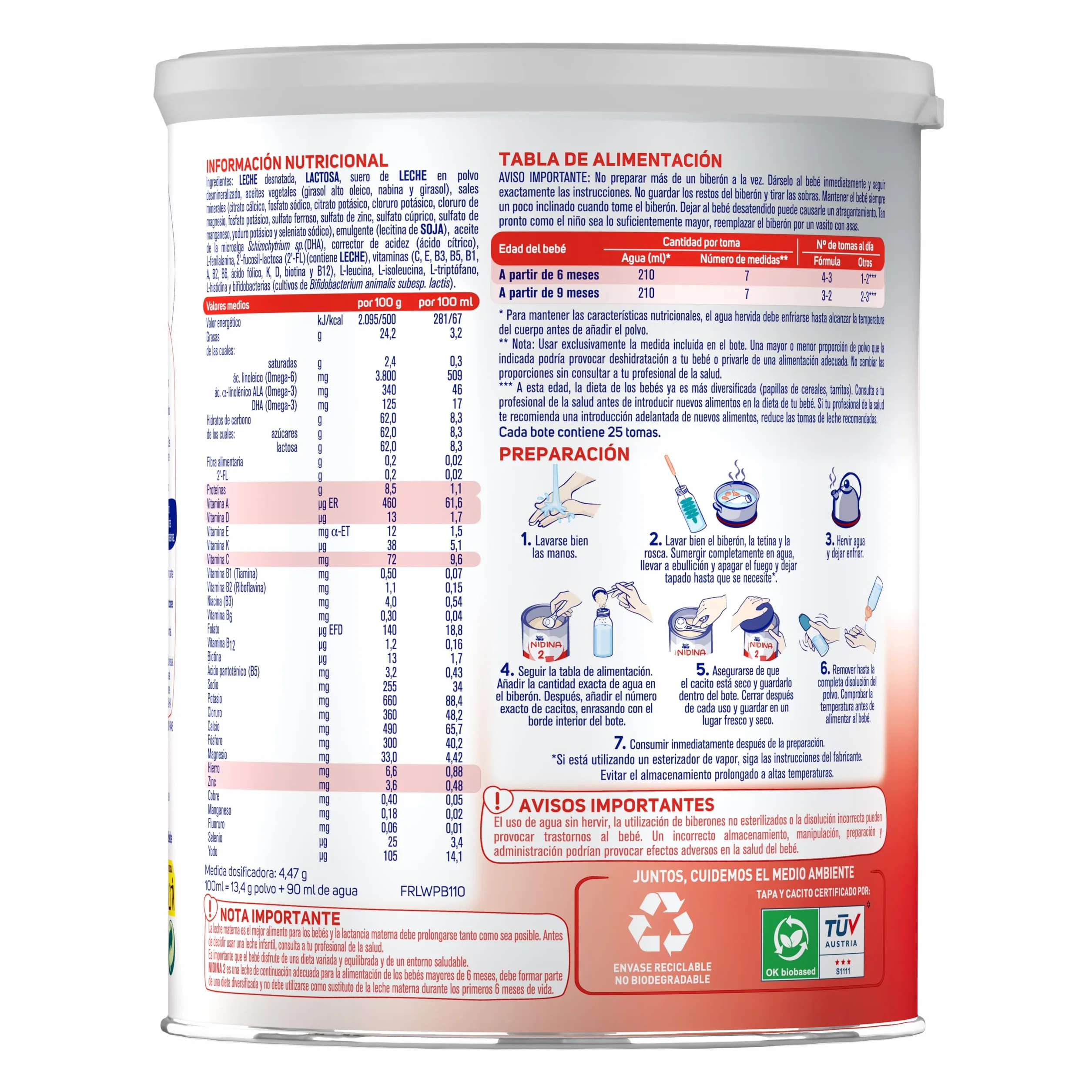 Nestlé NIDINA 2 Leche De Continuación en polvo para bebés 6 meses, 3 x 800g