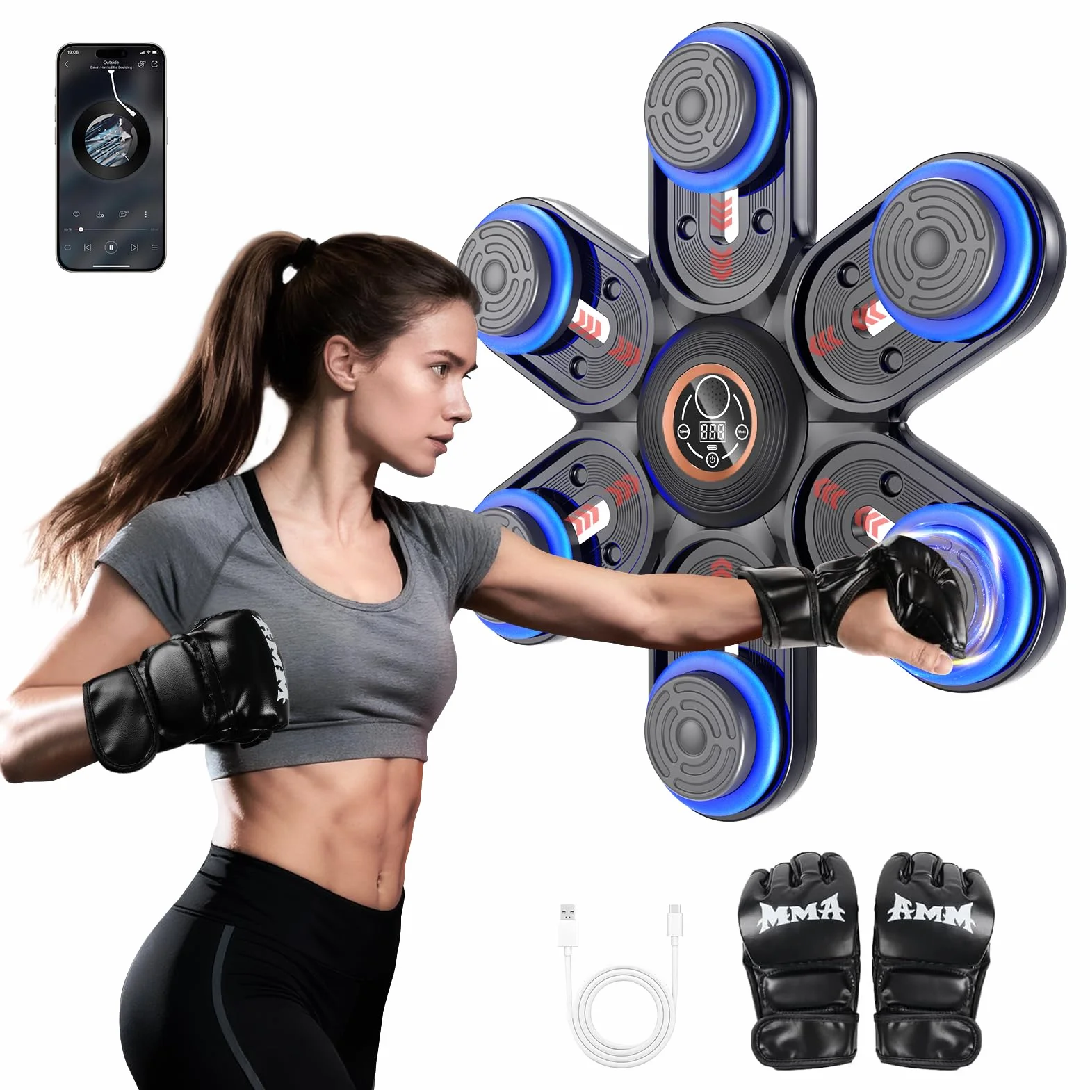 Holilo Máquina de Boxeo Musical, Maquina Boxeo Musical Pared con LED y Bluetooth, 9 Modos de Velocidad y Entrenamiento, Contador de Golpes, Guantes para Adultos y Niños