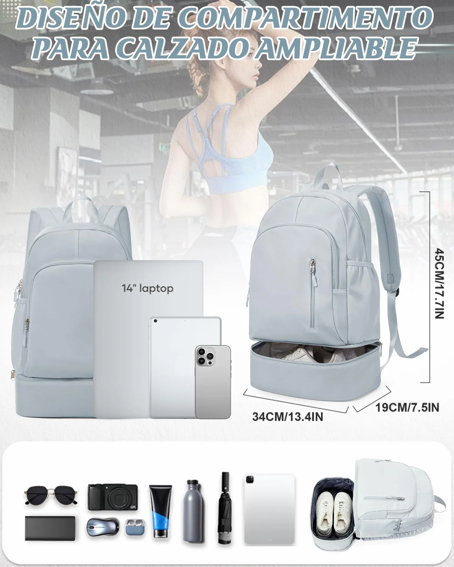 Suradar Mochila Deporte Mujer con Compartimento para Zapatos, Bolsa de Gimnasio Natación Yoga Azul Claro