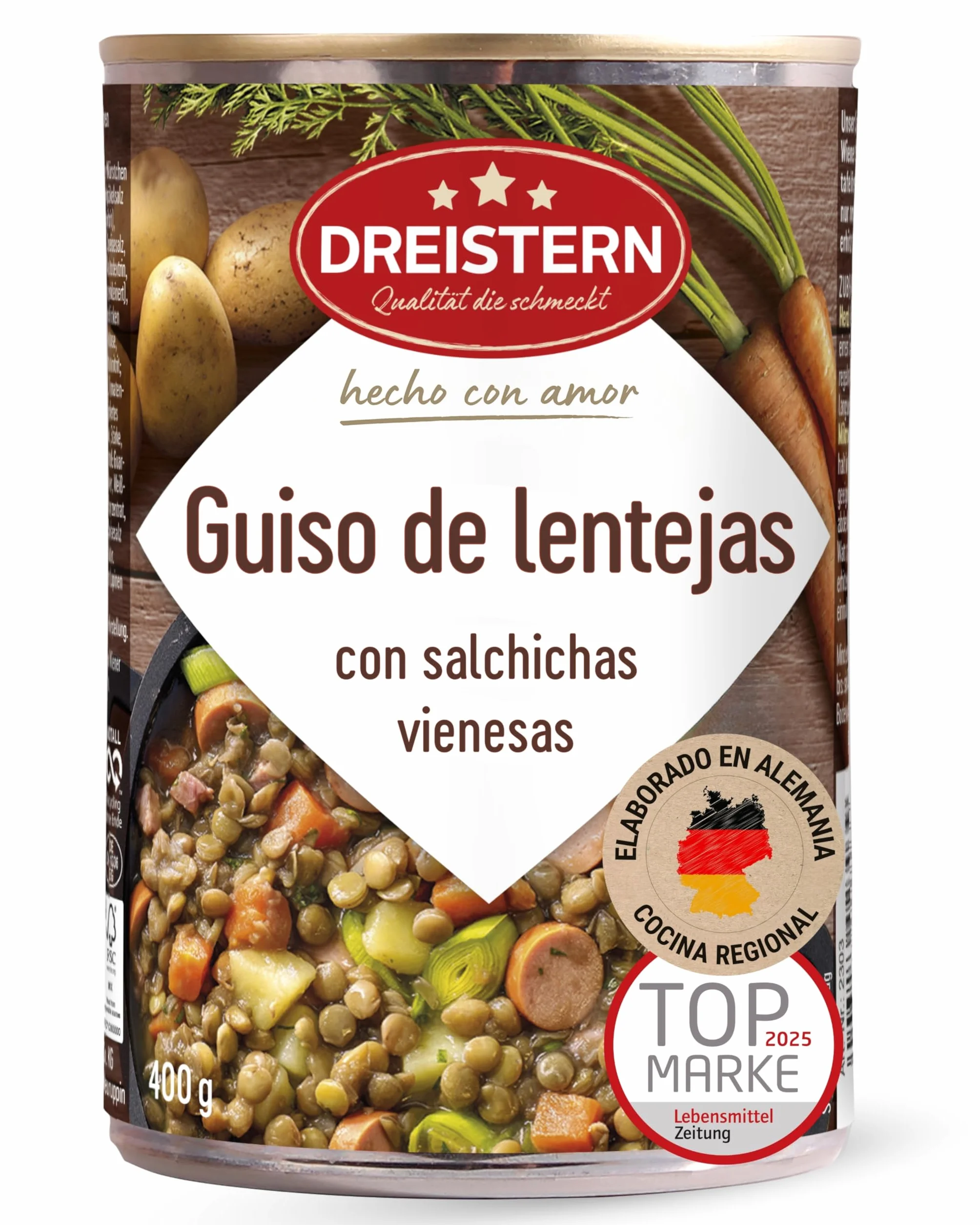 DREISTERN Guiso de lentejas 400 g I Con salchichas vienesas & verduras I Estofado sabroso en lata reciclable I Larga duración gracias a la conservación natural I Calidad casera