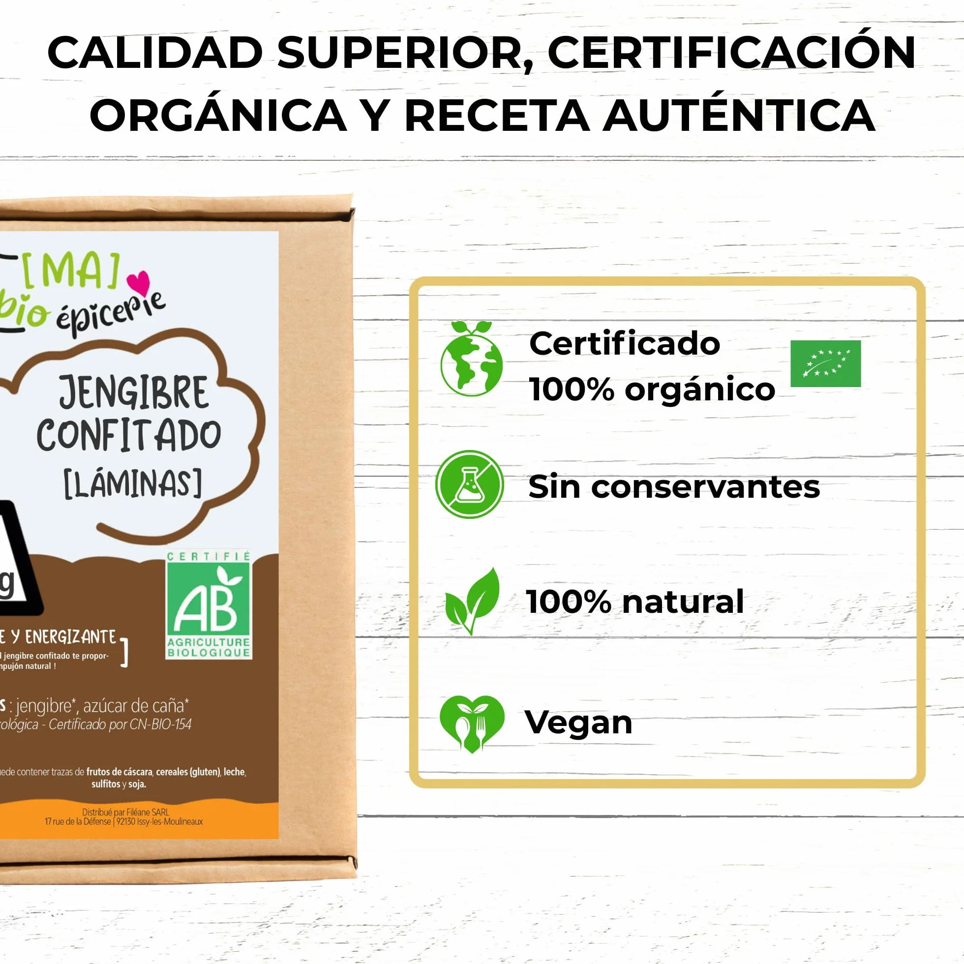 MA bio-épicerie - Jengibre Confitado Ecológico en Láminas 440 g - Jengibre Deshidratado a Granel sin Conservantes - Fruta Confitada Eco para Cocina y Degustación