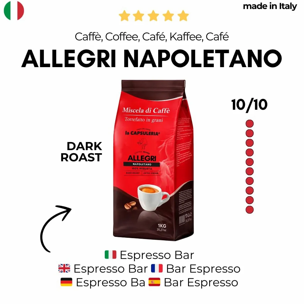CAFÉ EN GRANO ALLEGRI NAPOLETANO (6 kg) - 100% Robusta | Pack 6 kg (6 x 1 kg) | Café en grano 100% Robusta, tostado en Italia, fuerte, intenso y con cuerpo