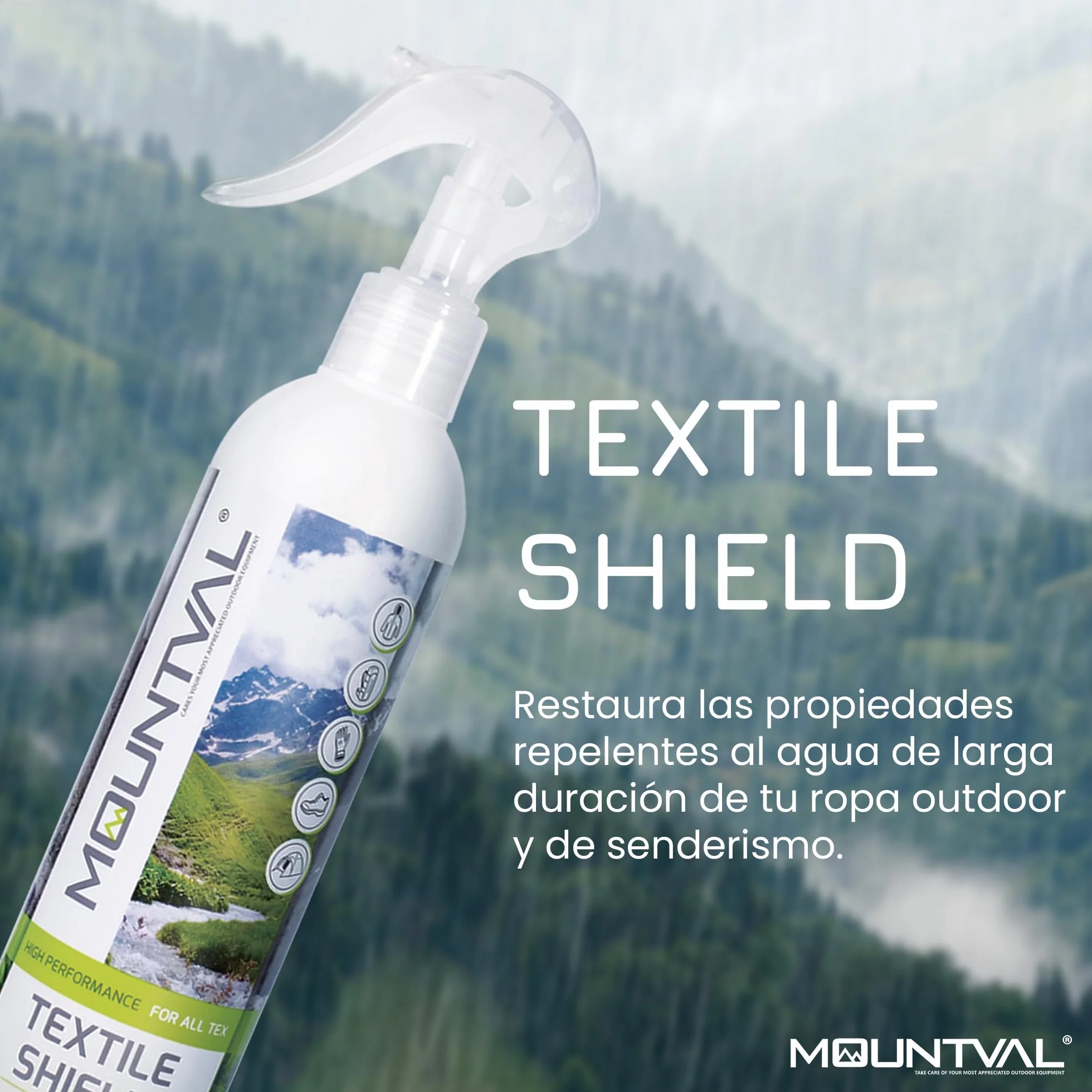 Mountval Textile Shield Aerosol Impermeabilizante para Clima Húmedo y Prendas Senderismo 300 ml