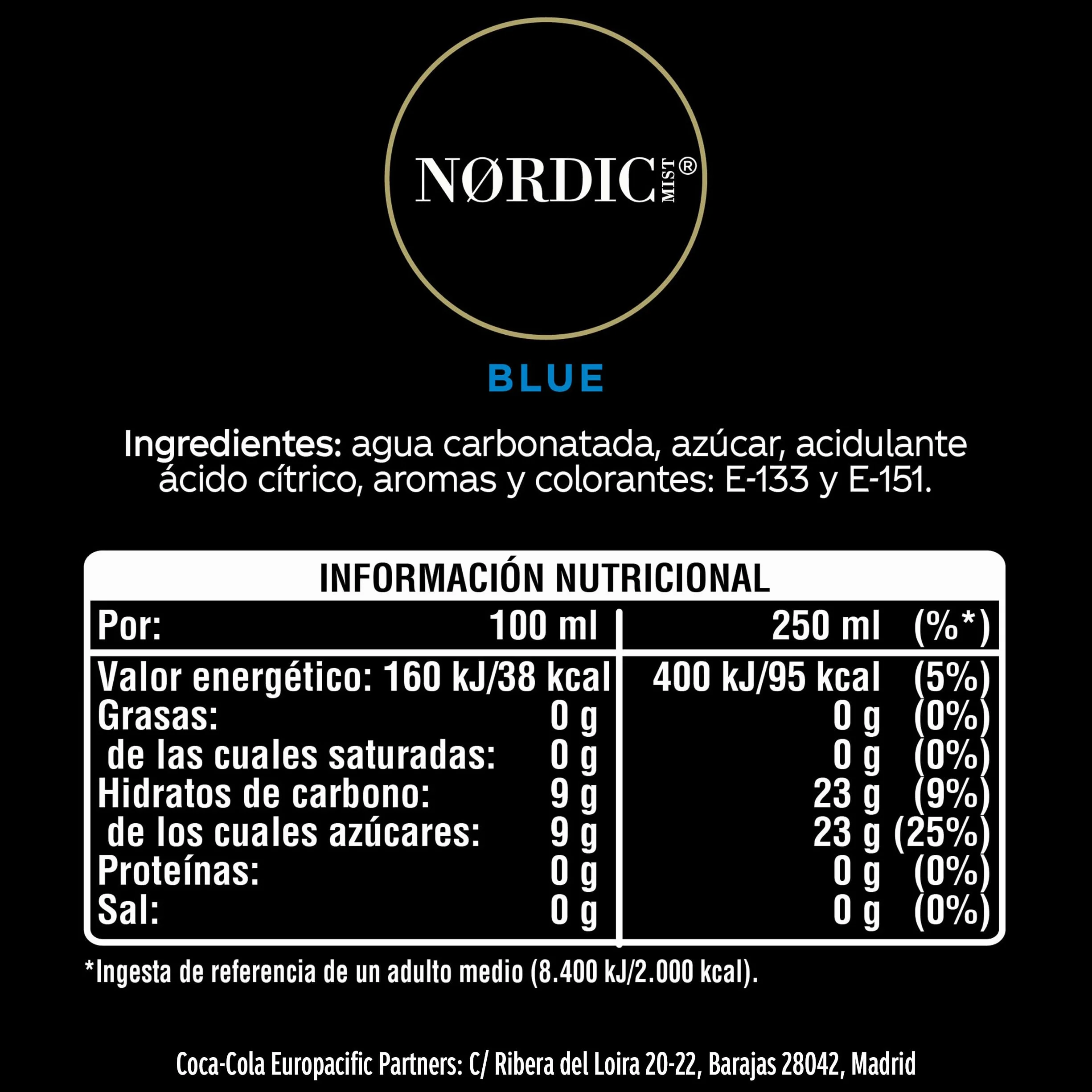 Nordic Mist Mixer Blue Tónica, Bebida Refrescante - Pack de 24 Latas de 250 ml