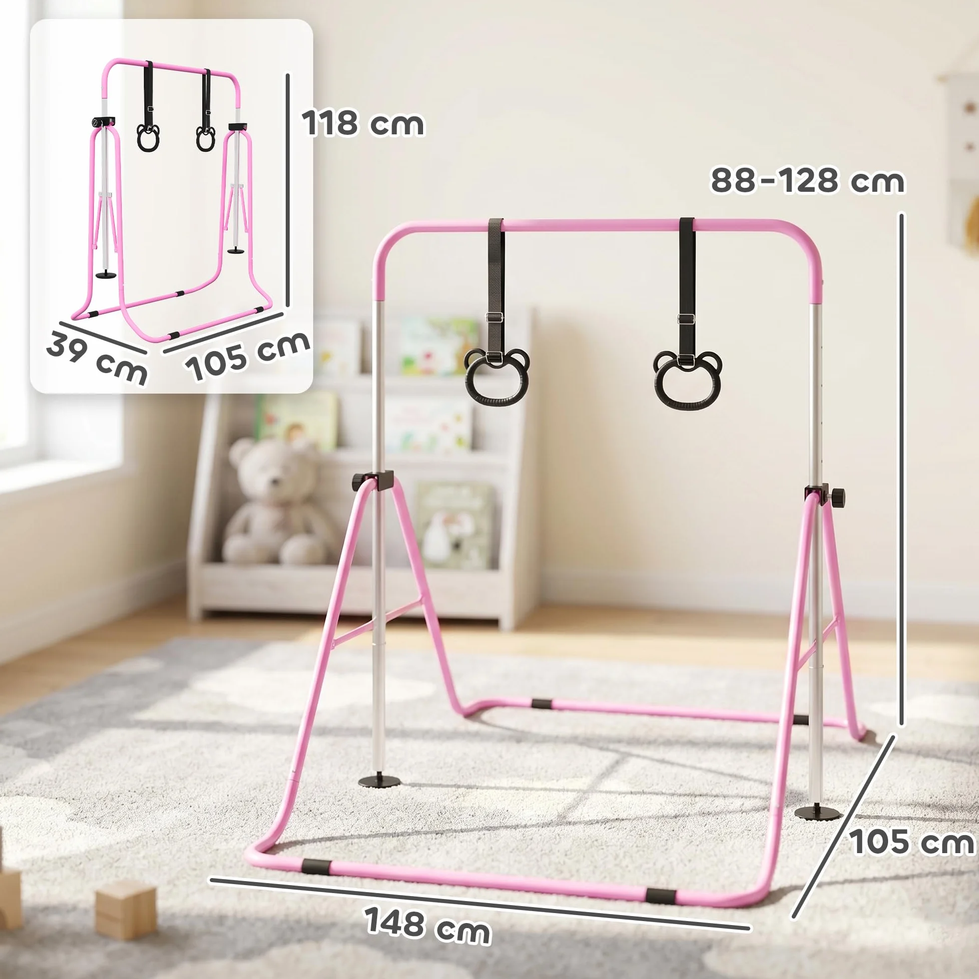 HOMCOM Barra de Gimnasia Plegable para Niños con Altura Ajustable 5 Niveles y Anillos