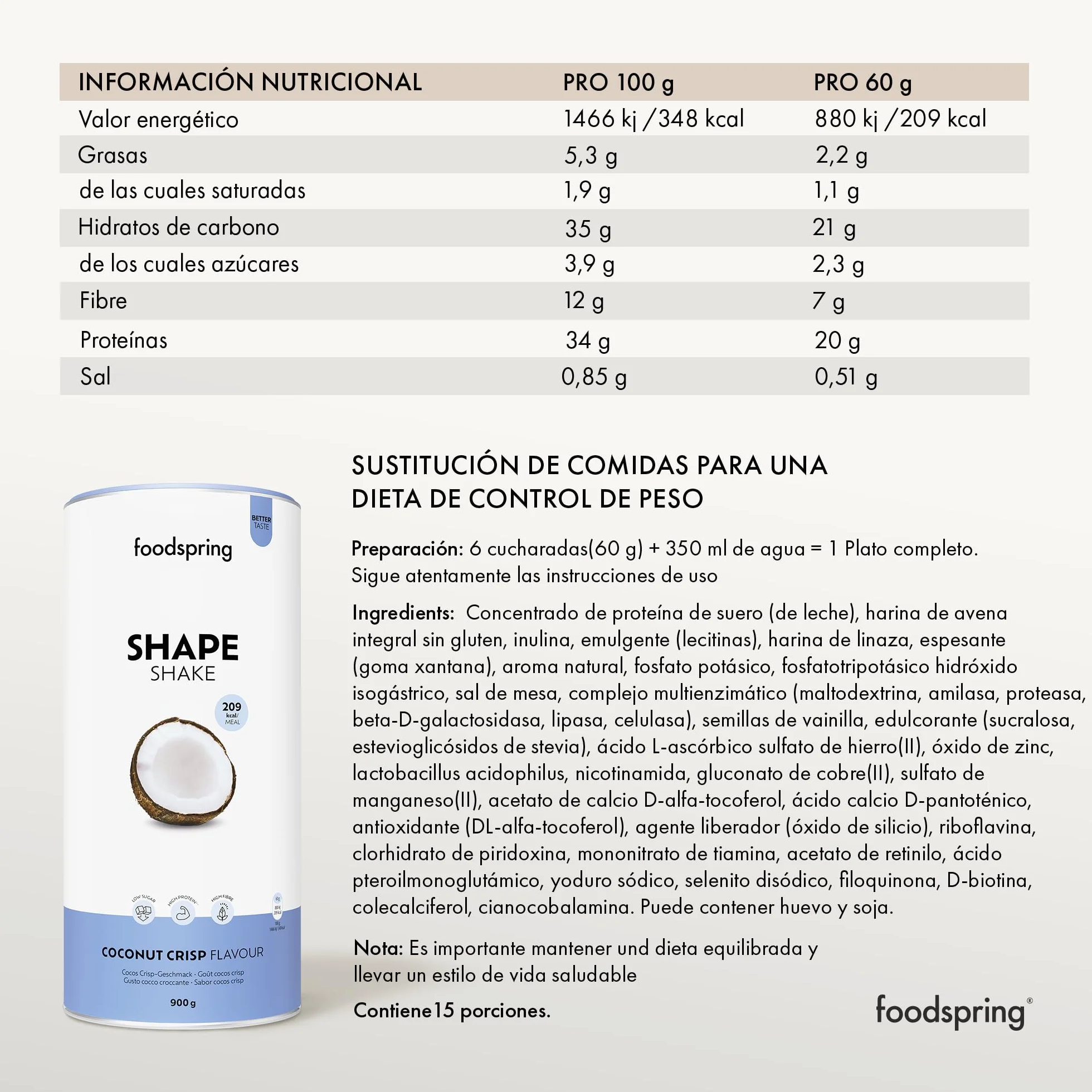 foodspring Shape Shake Cocos Crisp - batido completo, sustitutivo de comida con proteína premium para controlar el peso, 209 kcal por ración, sin gluten - 900g