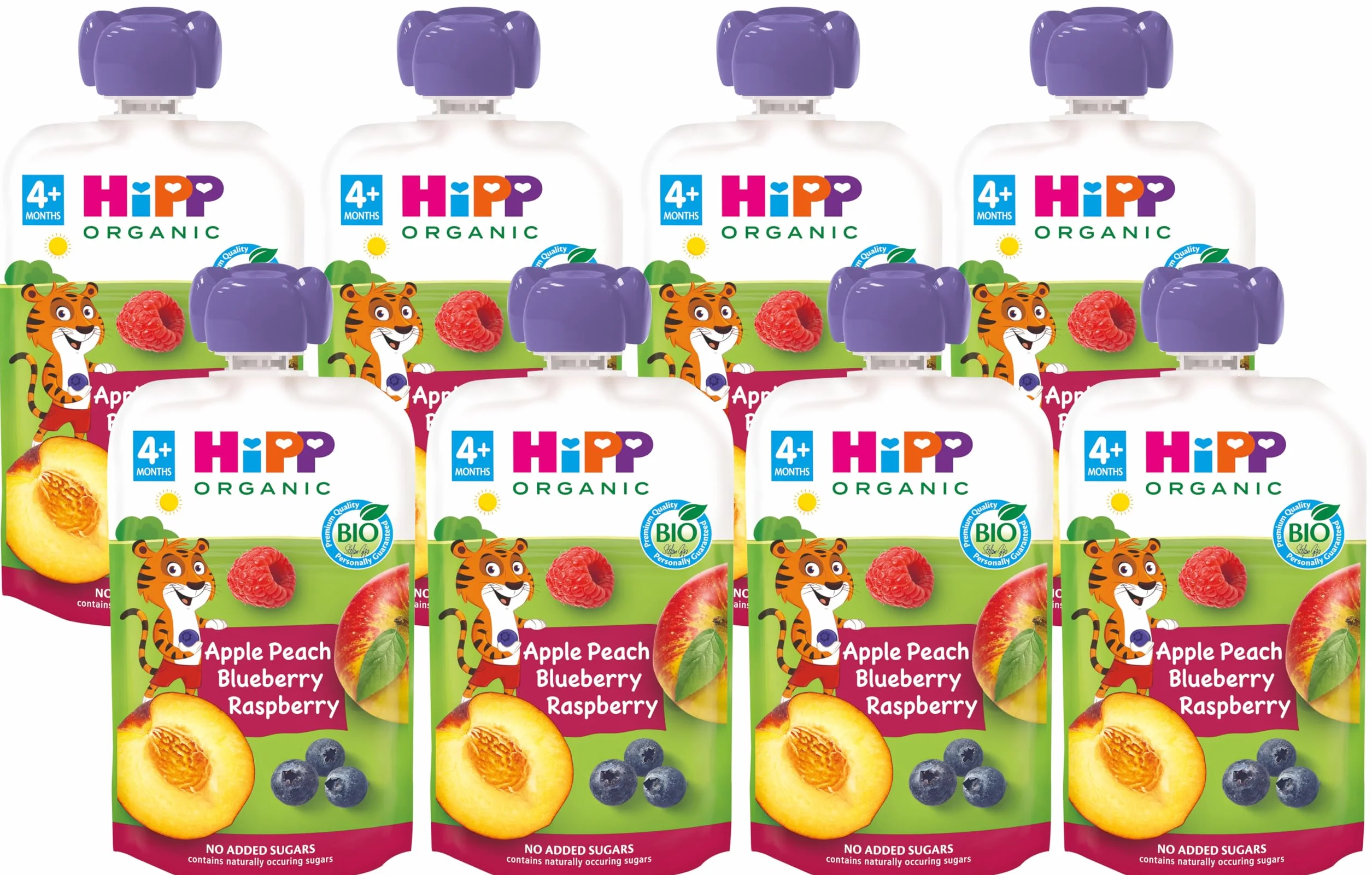 HiPP Biológico - Bolsita Multifrutas - Pouches de Melocotón, Manzana, y Frutos del Bosque BIO - Pack 8x100g - Sin Azúcar Añadido - Apto Para Bebés A Partir de los 4 Meses