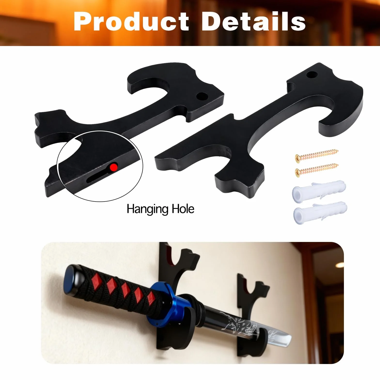Soporte de Pared para Katana y Espadas Samurai, 2 Niveles Ajustable con Ganchos Acolchados, Exhibidor de Madera Negra