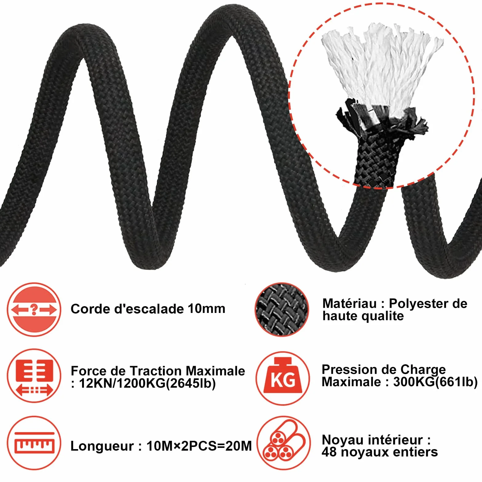 Cuerda de Escalada 10 m 10 mm 4 Mosquetones 12KN Estática con Bolsa Reflectante para Camping Rescate Senderismo