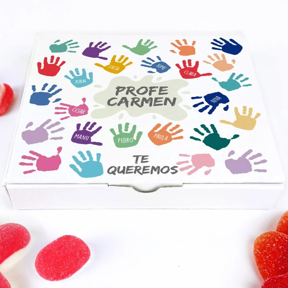 Transparent Gift Caja de Dulces Personalizada con Nombres y Texto Manos de Colores Pequeña. Regalos Originales para Profesores. Caja para Chuches. Regalos para Mujer y Hombre. Cumpleaños, Fin de Curso