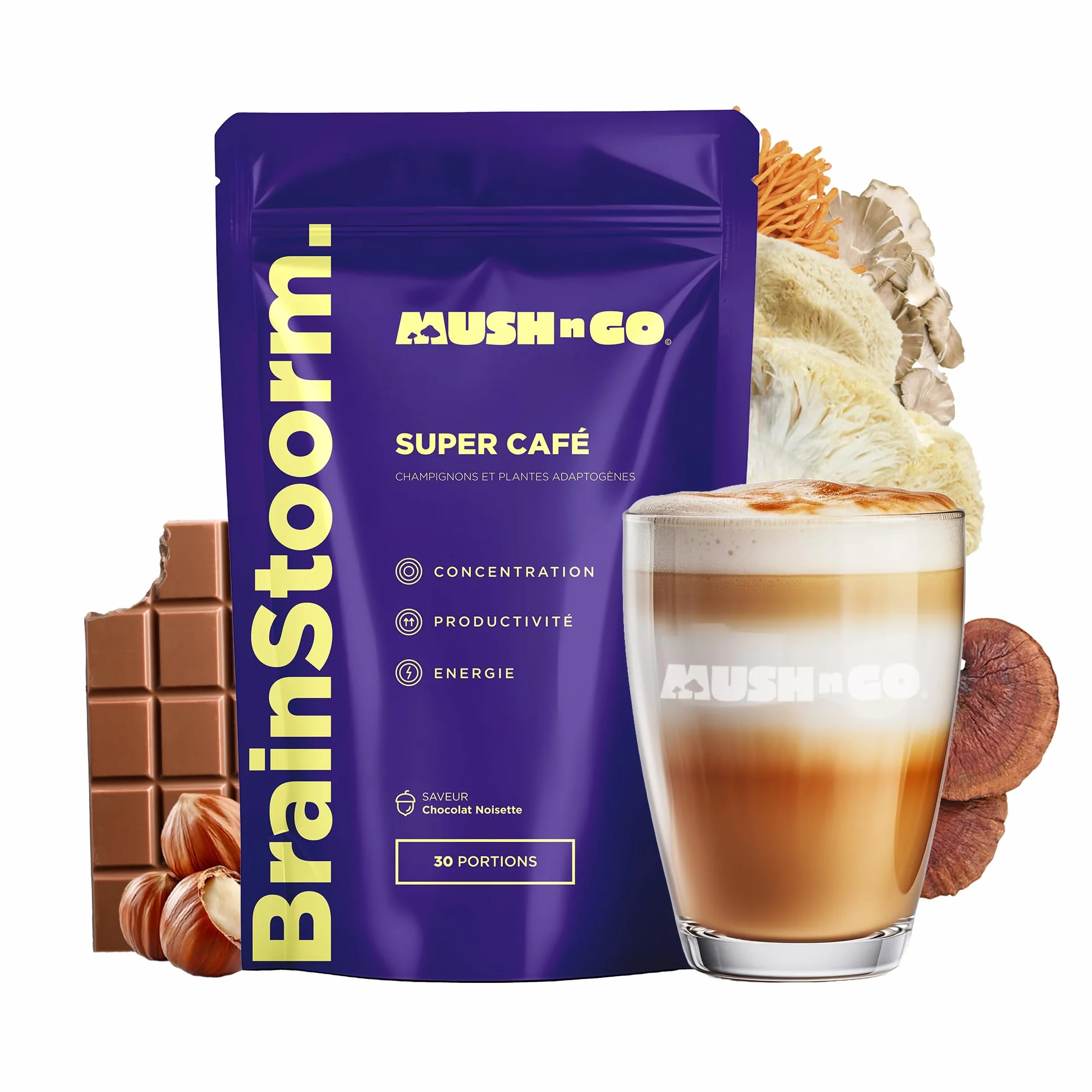 Brainstoorm Mushngo - Súper Café con Hongos Adaptógenos: Lion’s Mane, Cordyceps, Chaga - Vegano - Concentración, Energía, Claridad Mental - 30 tazas de 8g