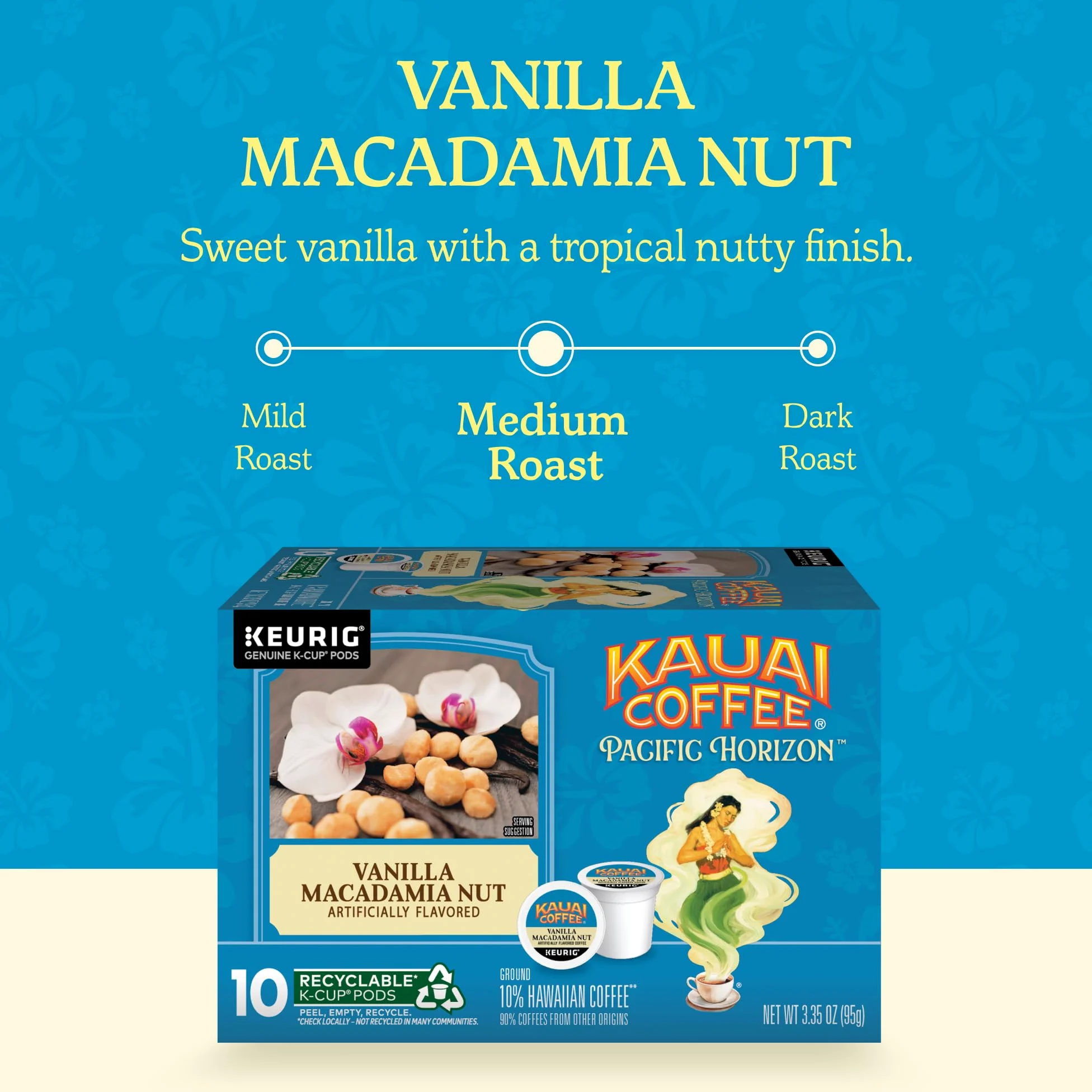 Kauai Coffee K-Cup Pods - Vainilla Macadamia Nut, 10 cápsulas K-Cup | Tostado medio, café arábica, 10 % hawaiano, para cafeteras Keurig, porción única, granos de vainilla con nueces de macadamia