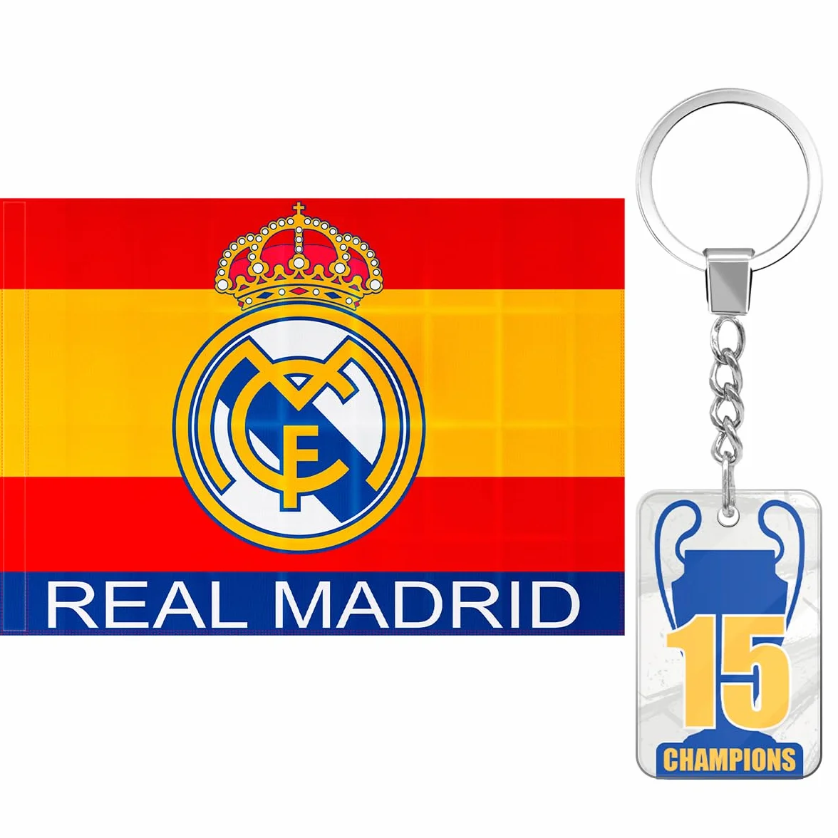 Bandera Oficial Real Madrid 150x100 cm + Llavero 15 Champios | Escudo Centro Producto Oficial