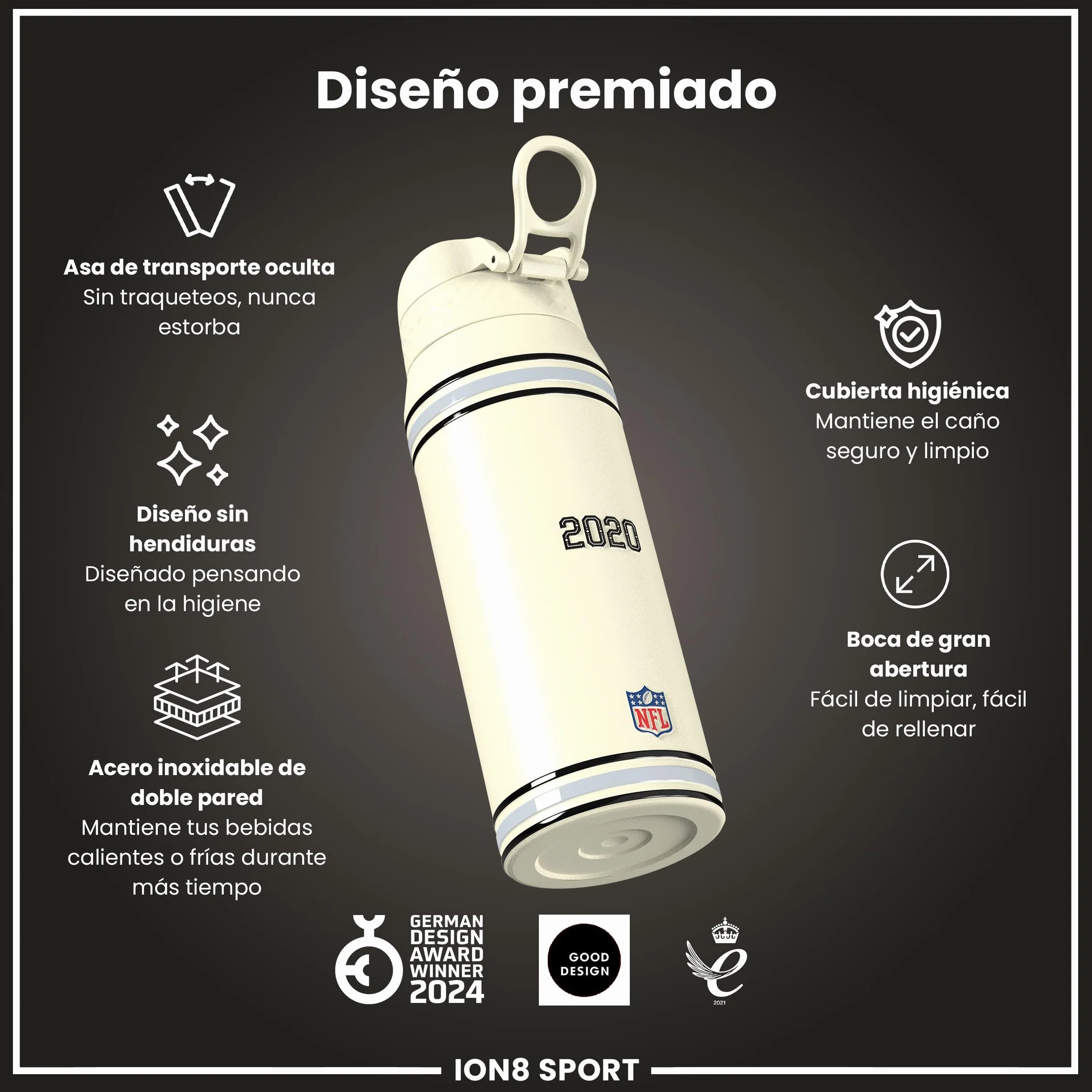 ion8 Botella Acero Inoxidable a Prueba de Fugas, Fácil de Abrir, Cerradura Segura, Asa Transporte, Lavavajillas