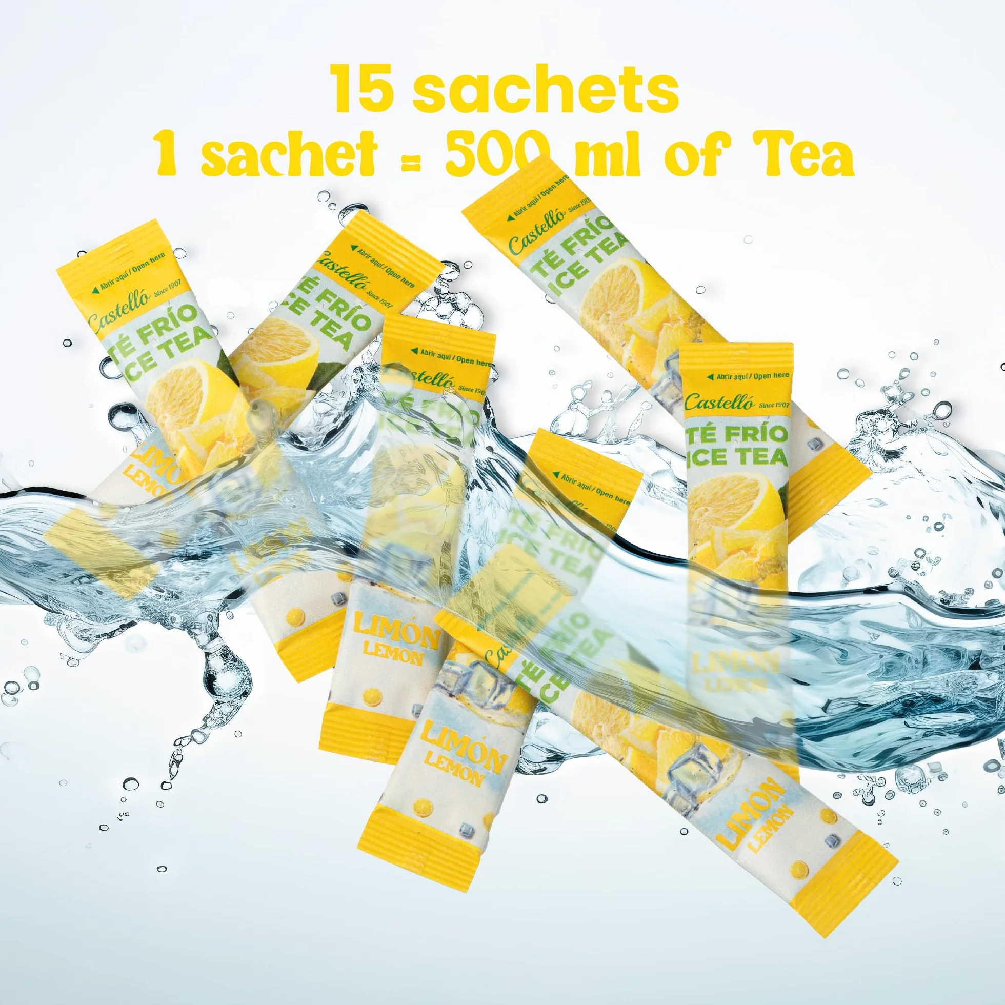 Castello since 1907 Té Frío (Ice Tea - Iced Tea) Zero & Instantáneo | Limón | 15 sobres | 1 sobre = 500 ml de Té | 0 Calorías | 0 Azúcar | 0 Aspartamo