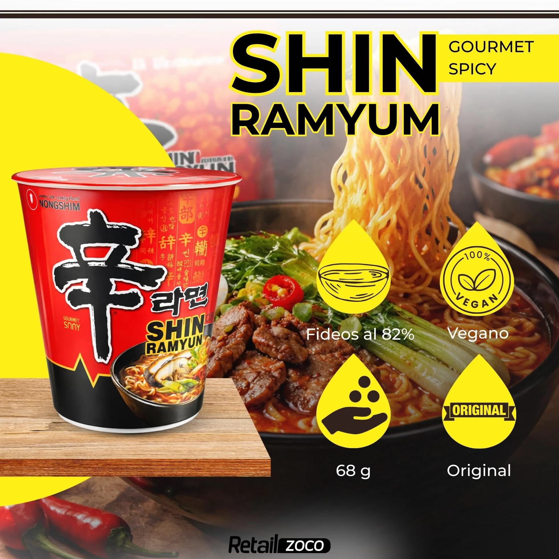 Ramen Picante Nongshin, Fideos Instantáneos Nong Shim Shin Ramyun, Instant Noodle Ramen Corea, Original Coreano, Agrega agua caliente y cocina por 5 minutos, Contiene 3 unidades de 68 g
