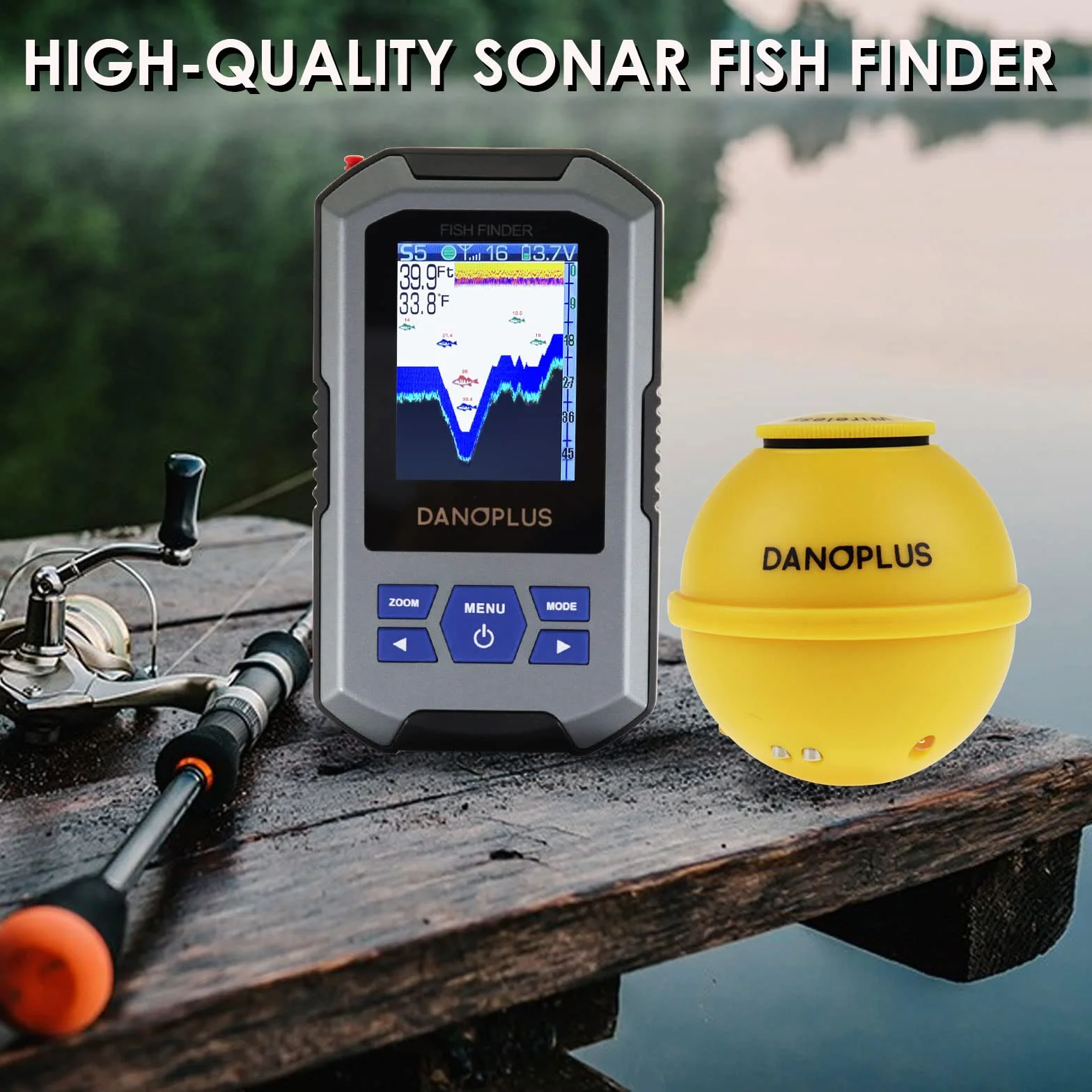 Buscador de peces inalámbrico portátil con sensor de sonar de 155 pies, detección de profundidad recargable