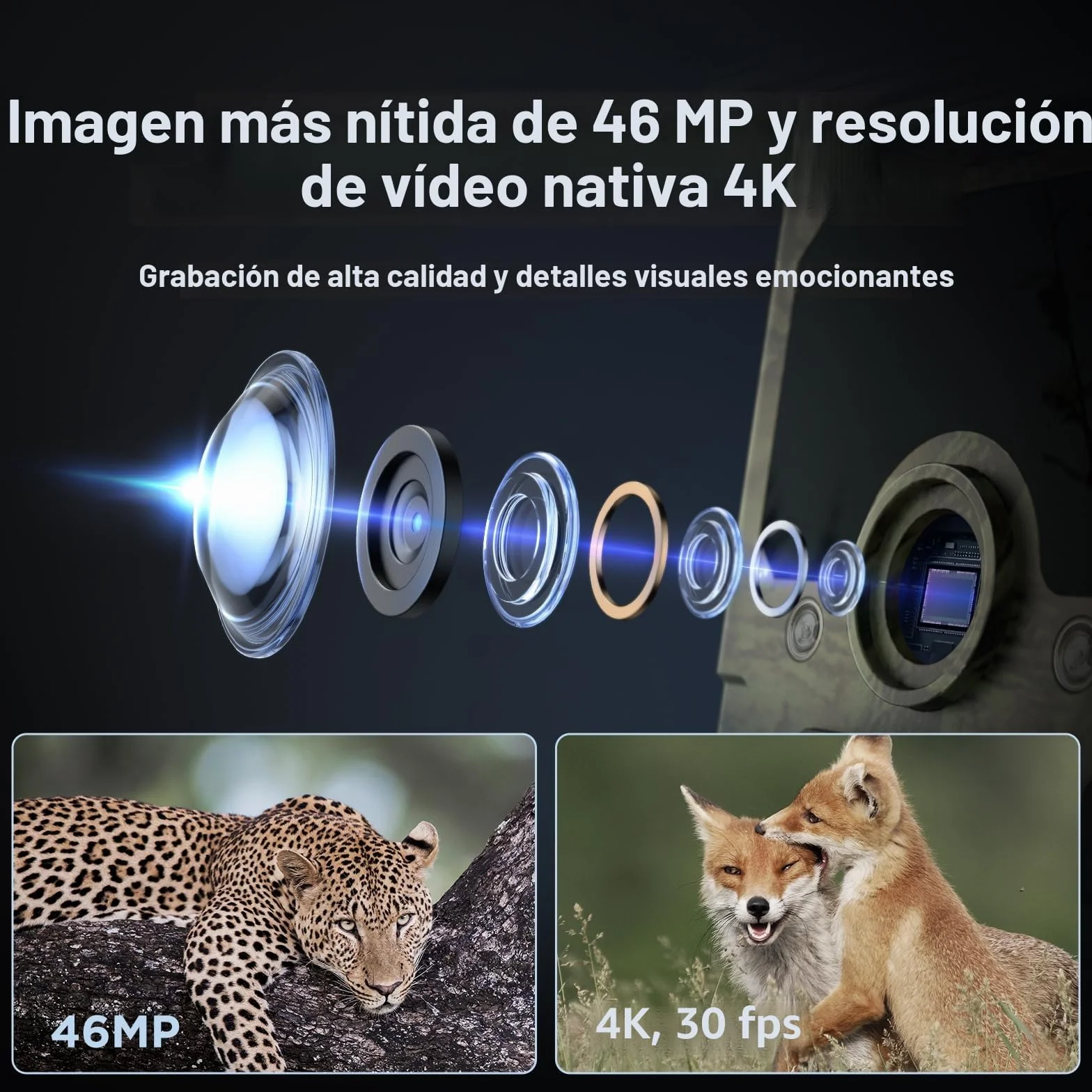 WOLFANG Cámara de Caza Solar 4K 30fps 68MP WiFi Bluetooth Visión Nocturna IP66 Impermeable 5200mAh