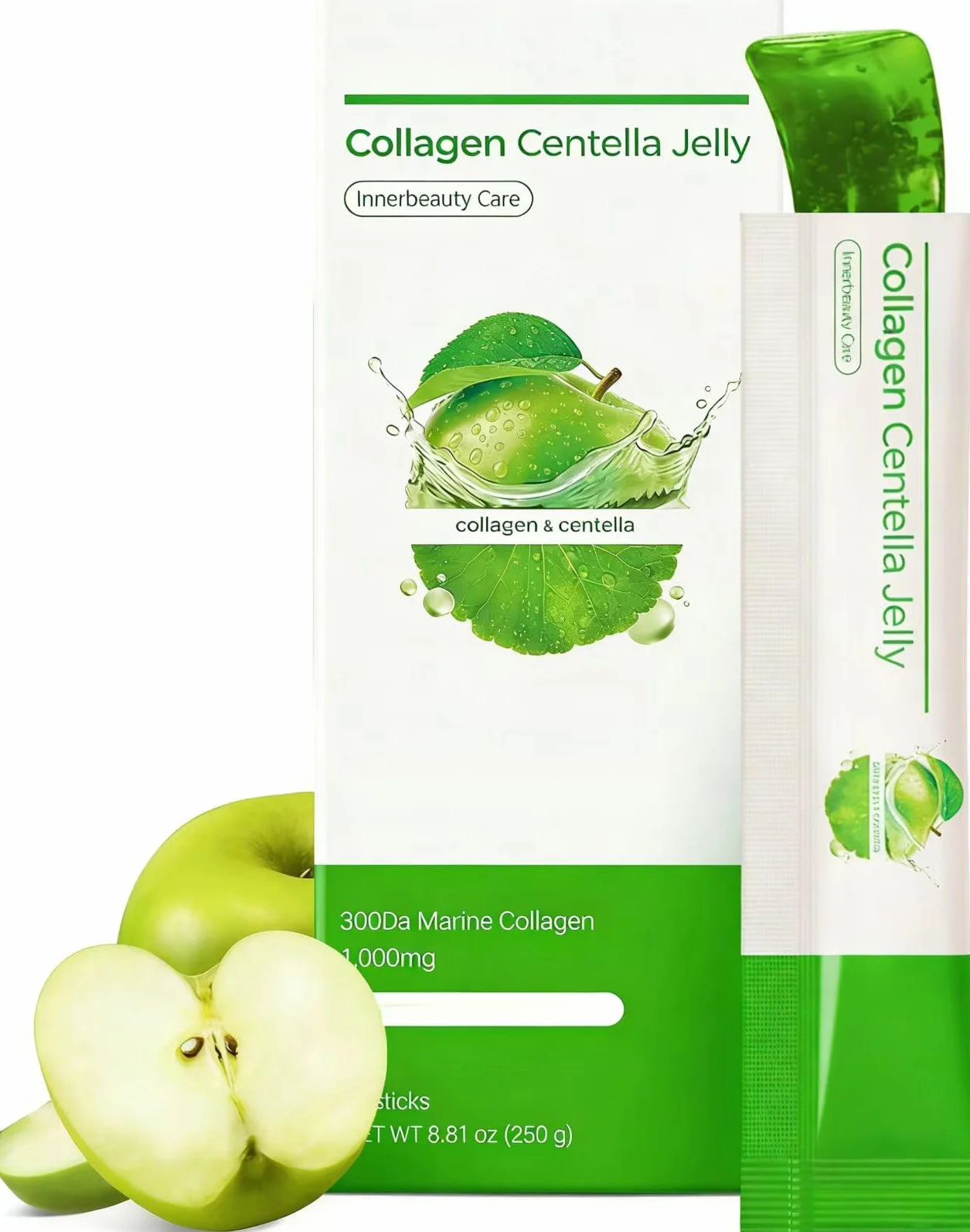 Centella|Jalea de colágeno, ayuda a hidratar y promover una piel sana, fortalecer el cabello y las uñas, gelatina con sabor a manzana verde rica en vitaminas