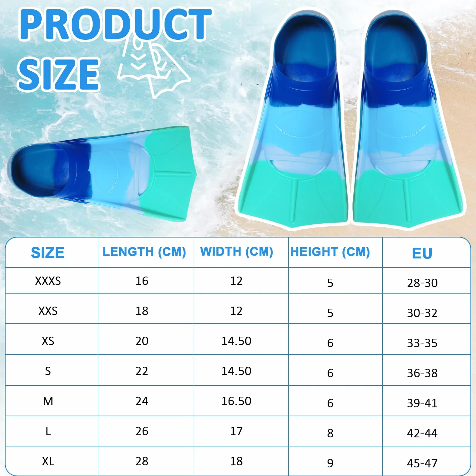 Aletas de natación para niños 100% silicona cortas entrenamiento XS azul