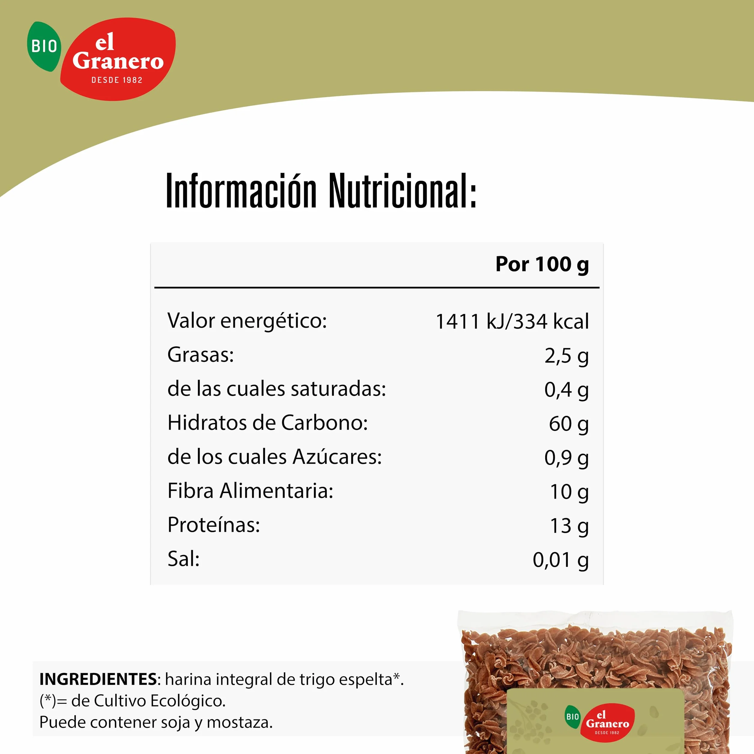 El Granero Integral - Fusilli de Trigo Espelta Integral BIO - 500 g - Fuente Rica en Proteínas - Alto Aporte Energético - Ideal para Todas las Recetas de Pasta - Apto para Veganos