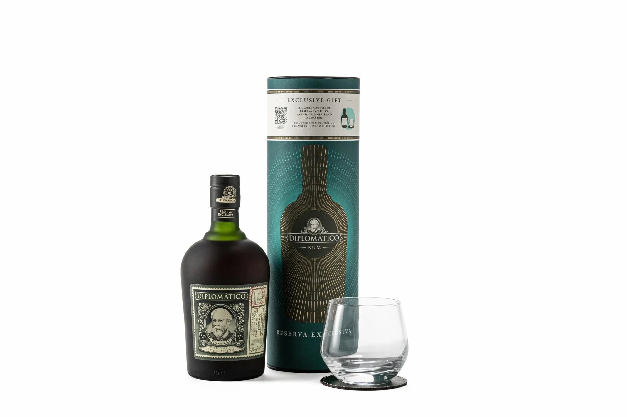 Ron Diplomático Reserva Exclusiva estuche + Vaso + Posa vaso para regalo, 40% Volumen de Alcohol, 70 cl