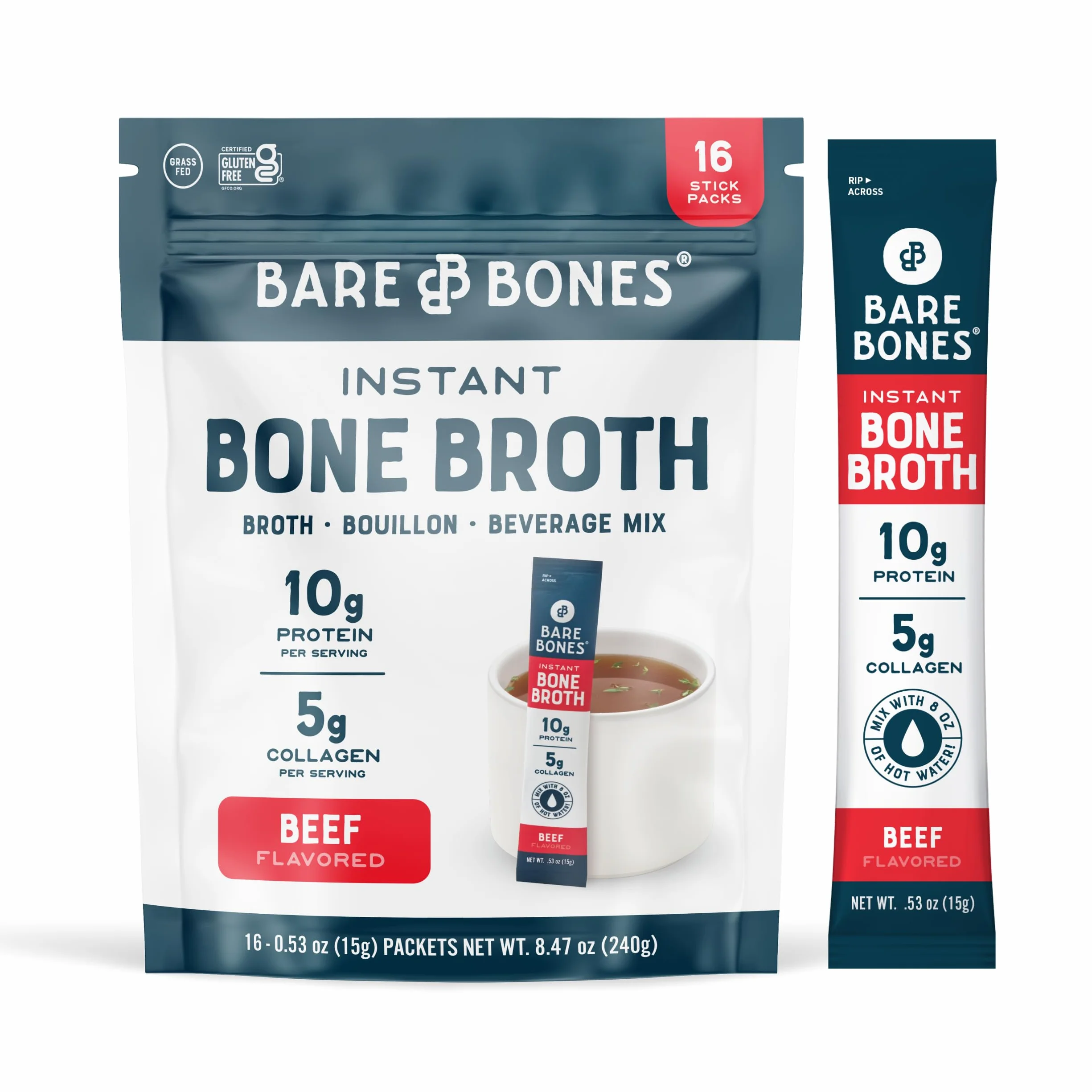 Bare Bones Caldo de hueso instantáneo en polvo proteínas 10 g Keto Paleo paquete 16 porciones