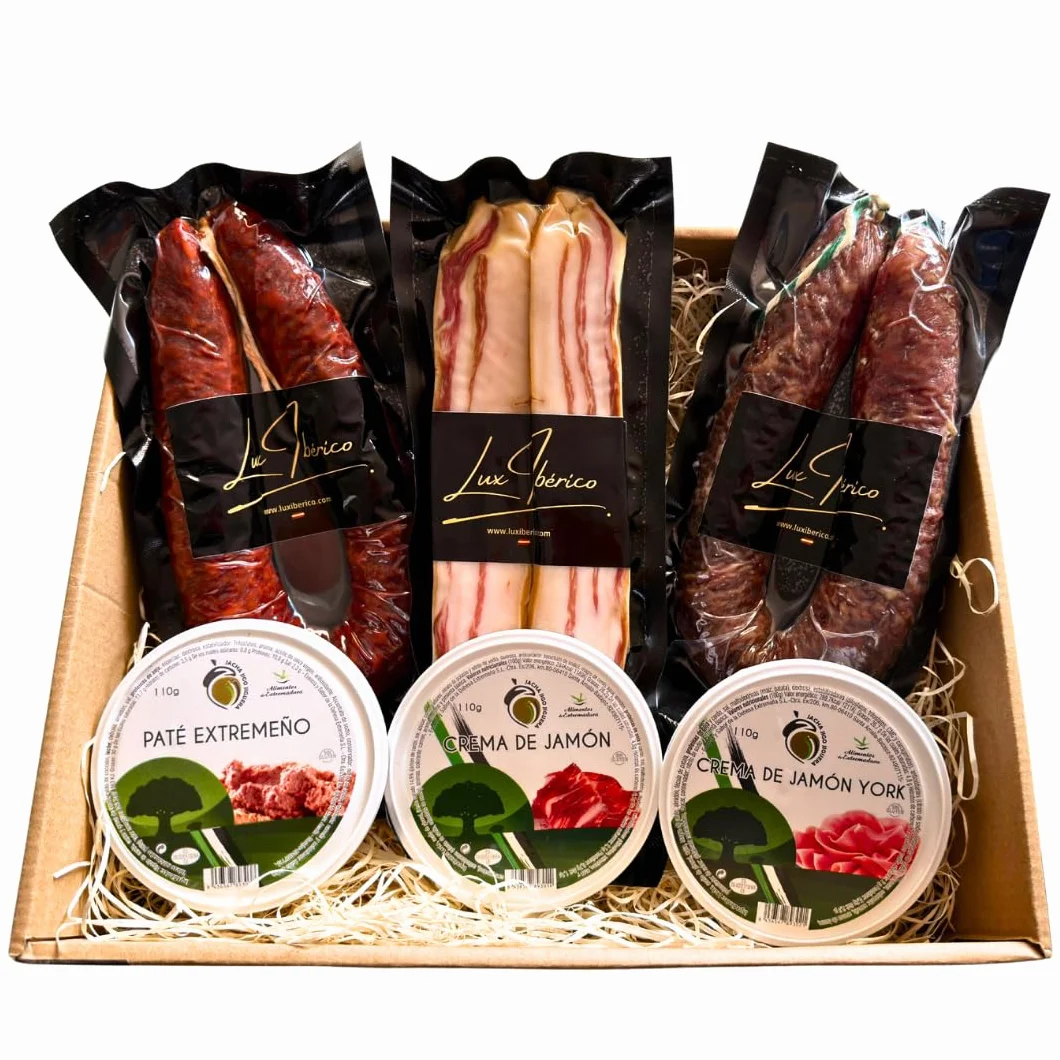 Lux Ibérico Lote Platon - Patés Extremeños, Panceta y Embutido | Chorizo y salchichón ibérico, panceta curada y tres patés extremeños para untar. Aperitivo completo listo para regalar.