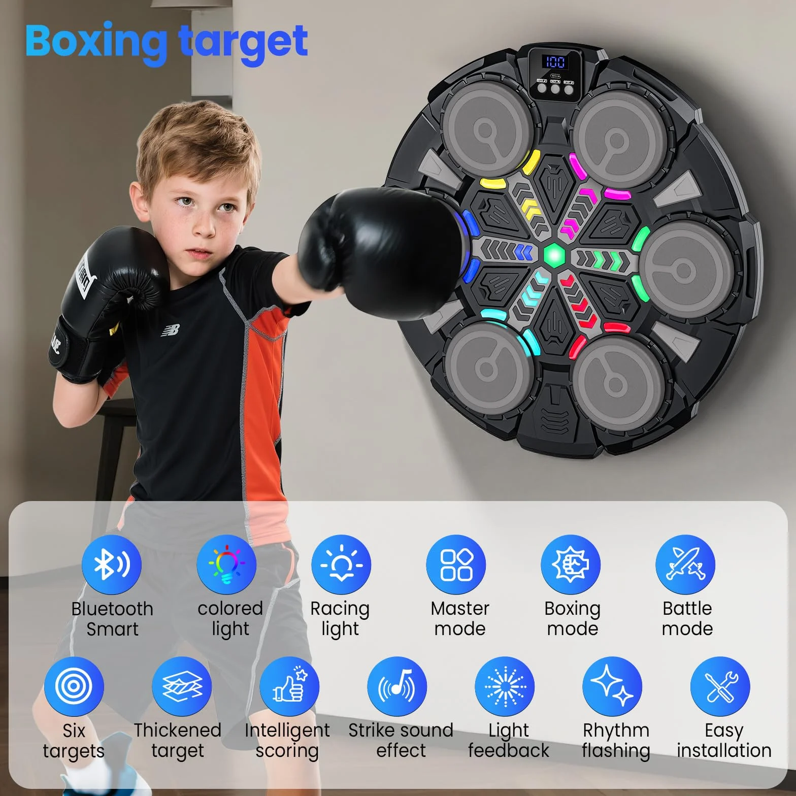 Maquina de Boxeo Musical Bluetooth con Guantes, Luces LED, 5 Velocidades, Entrenamiento Multimodo