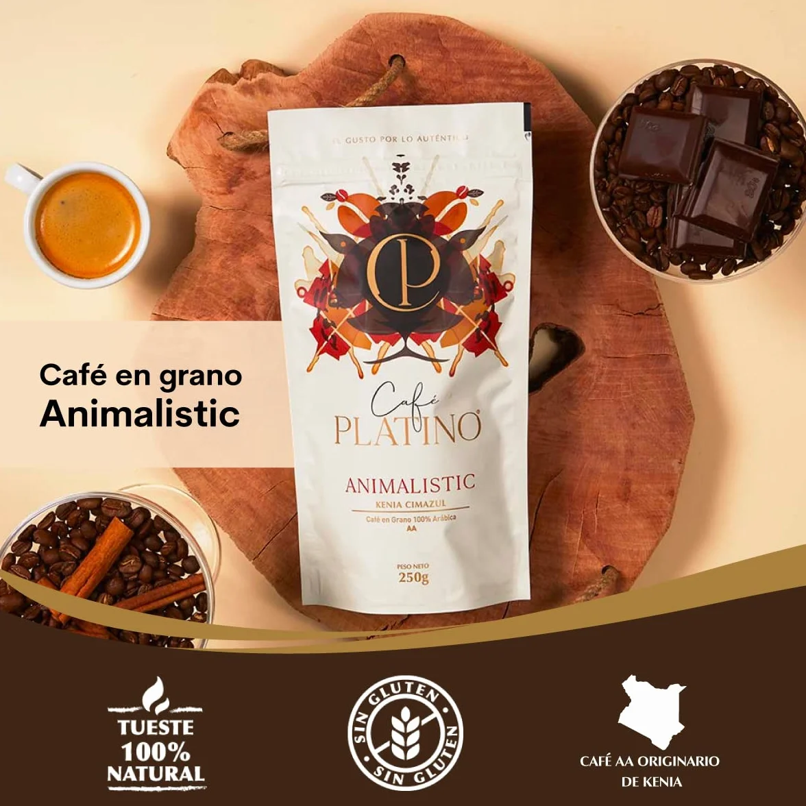 Café Platino Animalistic - Café en Grano Natural de Kenia Cimazul Tostado 250g - 100% Arábica - Categoría AA