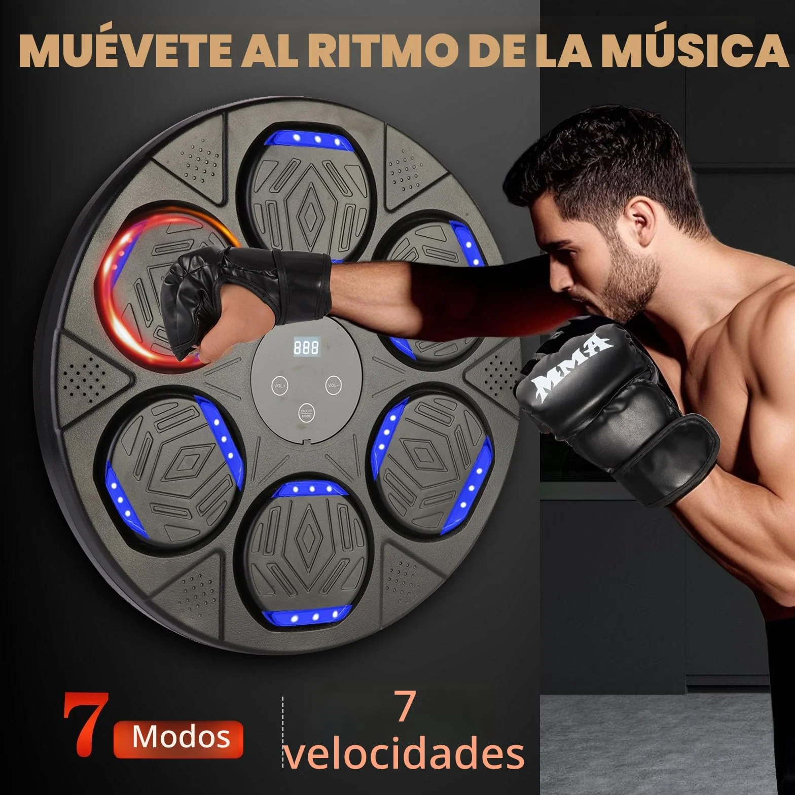 Máquina de Boxeo con Música, Montaje en Pared, Entrenador Inteligente Bluetooth con Luz LED, 7 Modos de Velocidad, Guantes para Adultos y Niños