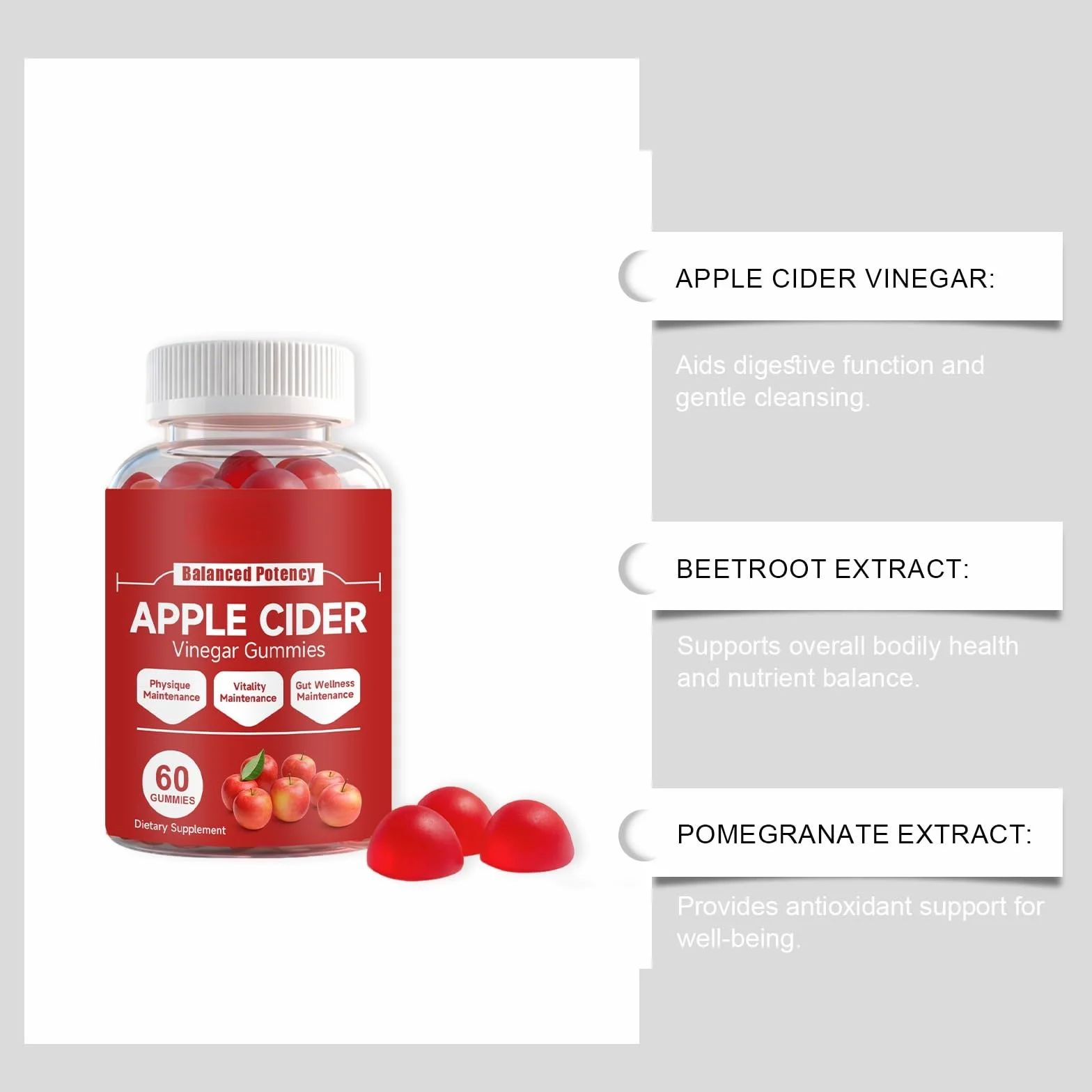 Gomitas De Vinagre Sidra Manzana For Control Del Apetito, Aumento Metabolismo, Alivio La Hinchazón Y Energía - Apoyo Digestivo Masticable, 60 Unidades(3PCS)