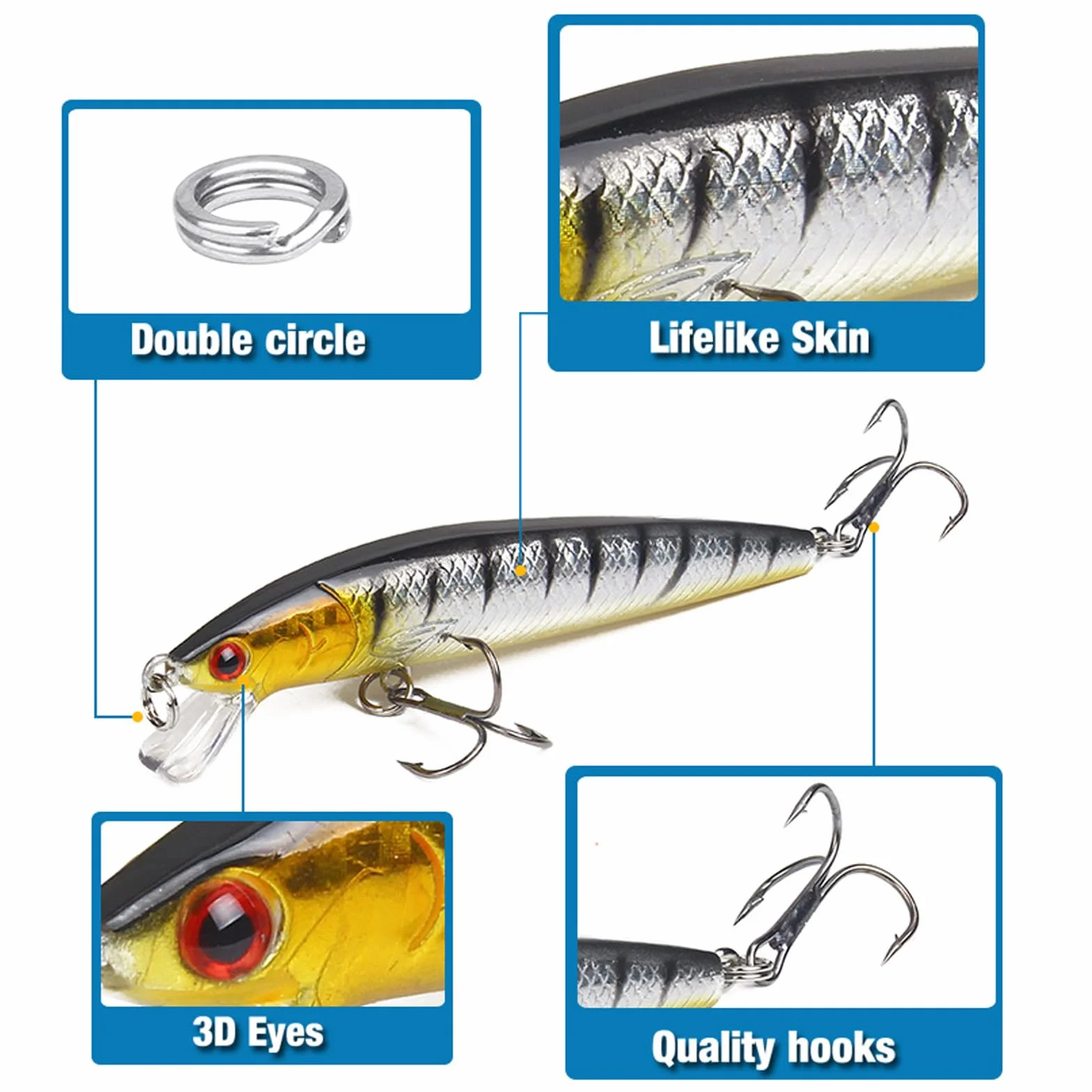 Señuelos de Pesca 10 Piezas Plástico Duro Ojos 3D para Agua Salada y Dulce