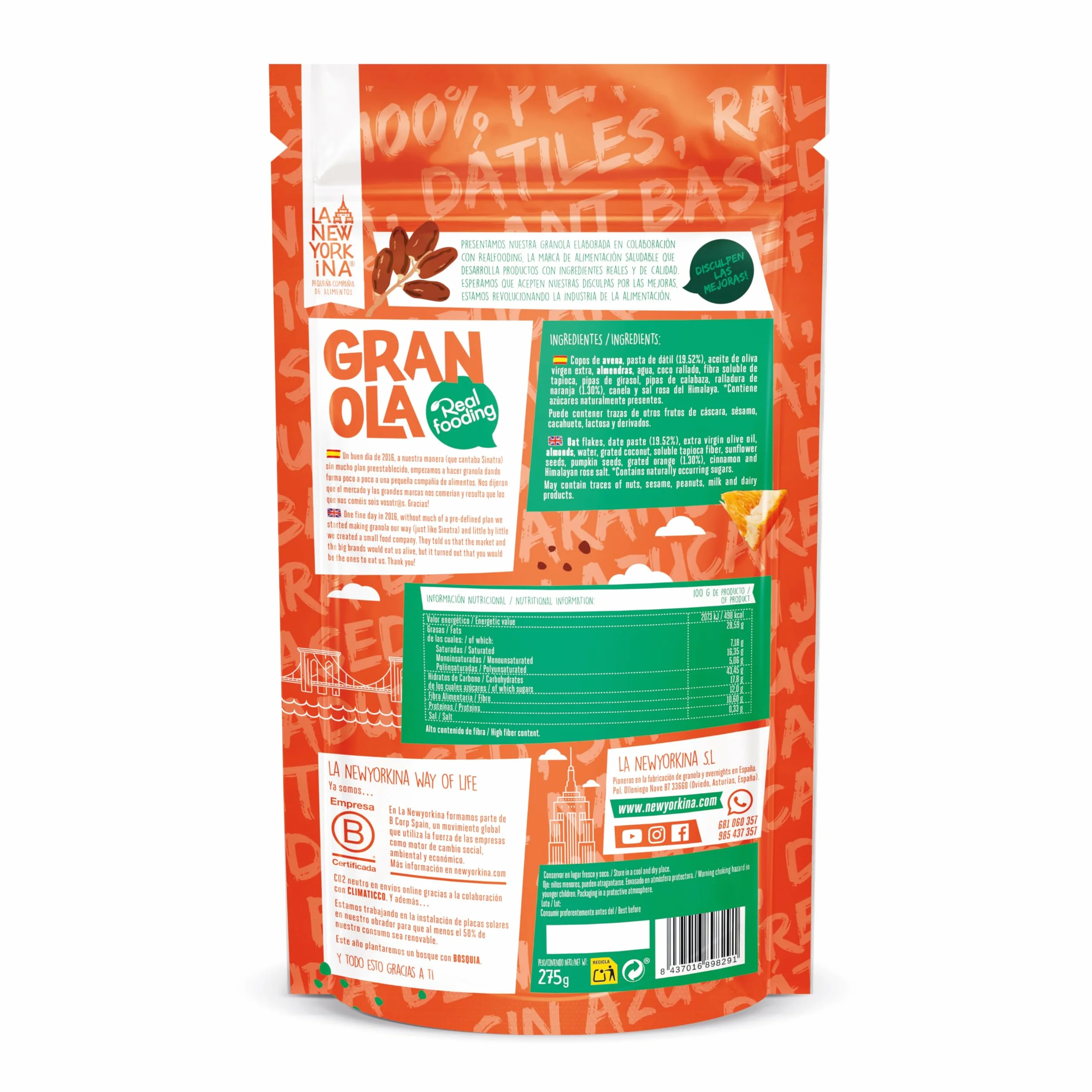 La Newyorkina Granola Real Fooding 275g Aceite de Oliva Virgen Extra Pasta de Dátil