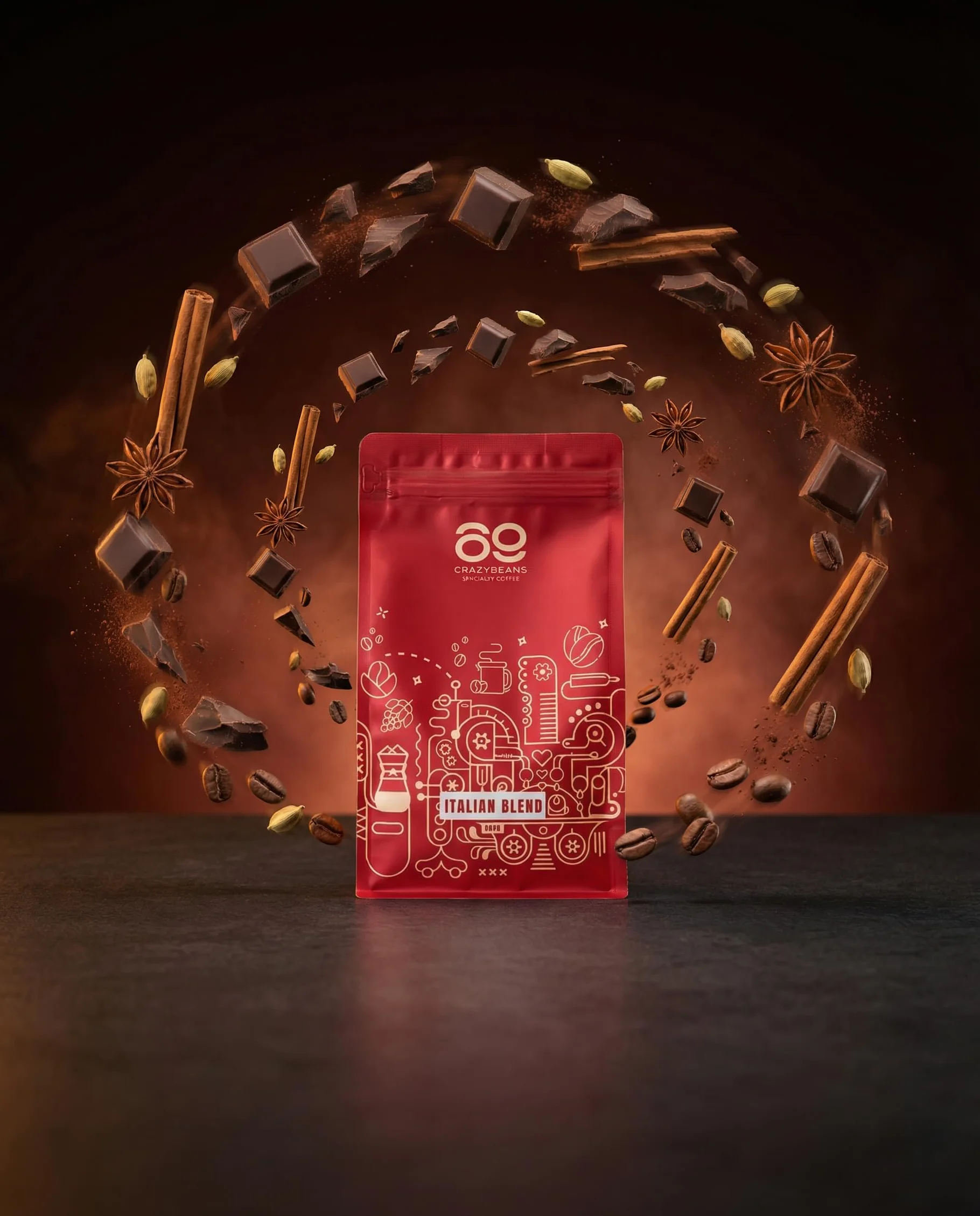 Cafe de Especialidad en grano Italian Blend | 80% Arábica / 20% Robusta | Colombia & India | Perfil Intenso con Notas de Chocolate Negro, Especias y Malta Tostada | Specialty coffee | 500g