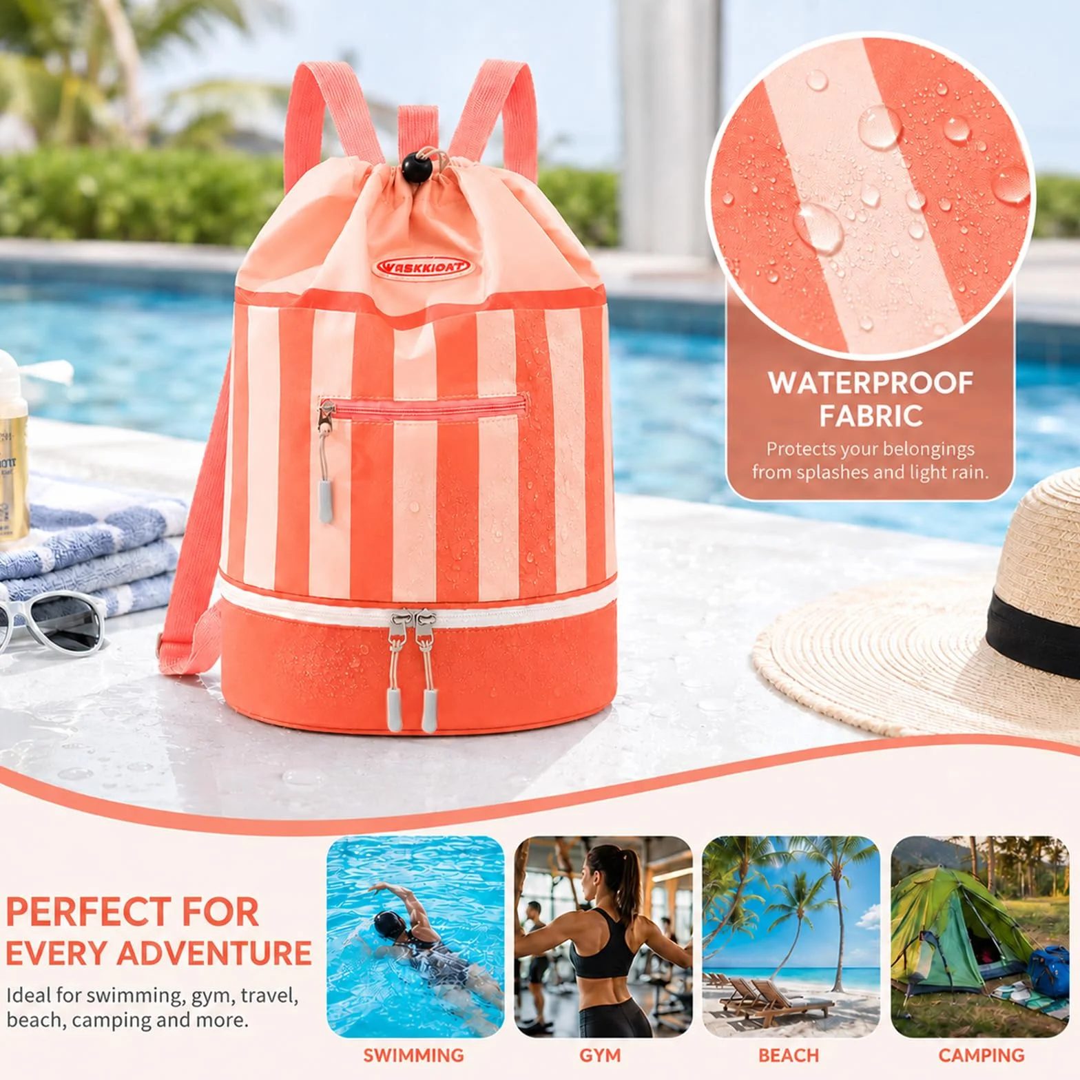 Mochila de Natación para Niños Impermeable con Compartimento para Zapatos, Bolsa de Natación para Pool, Strand y Reisen (Polvo de naranja)