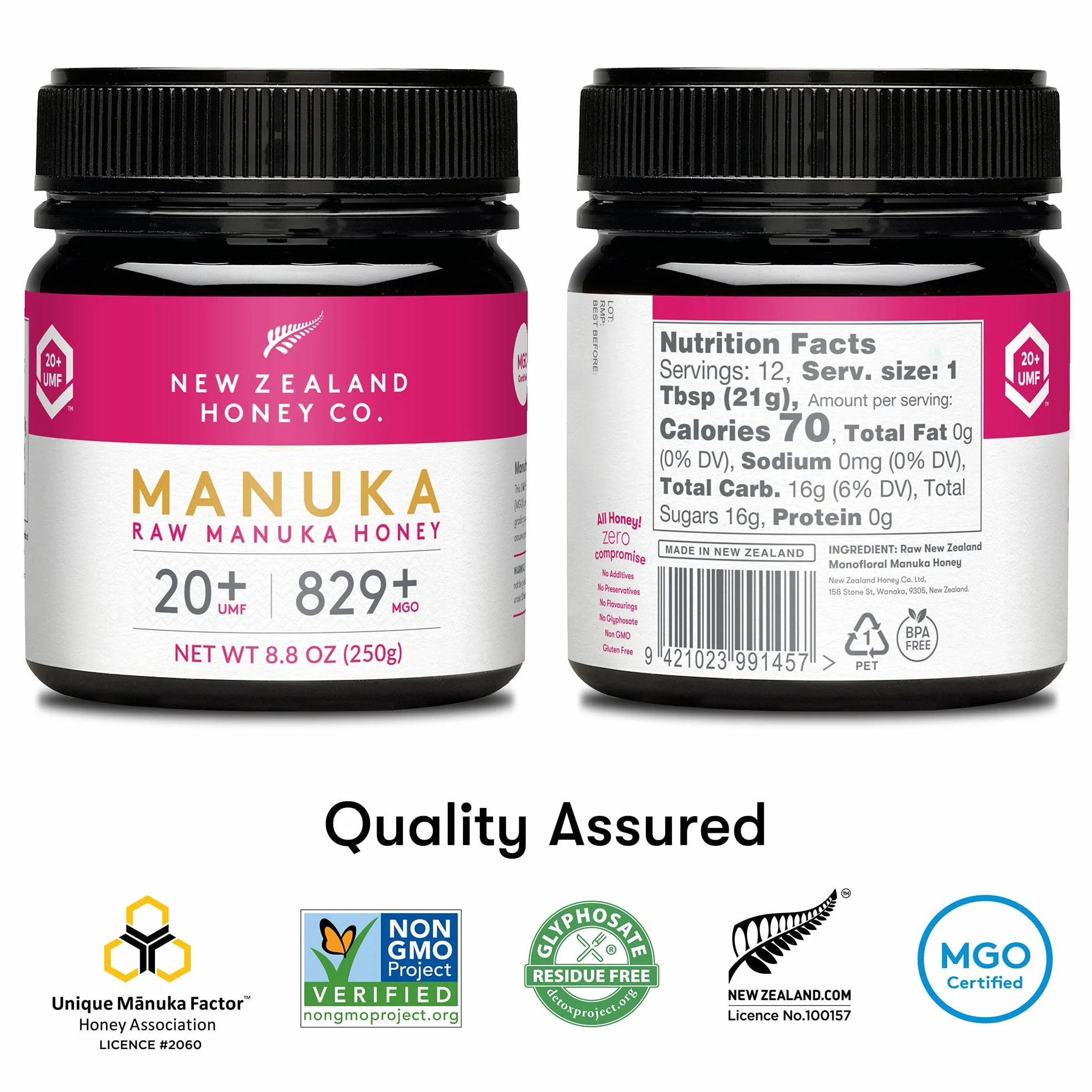 New Zealand Honey Co. Miel de Manuka MGO 829+ / UMF 20+ - 250g Tarro Cotidiano - Origen Nueva Zelanda con Enzimas y Pólenes Naturales - Miel Monofloral Certificada UMF