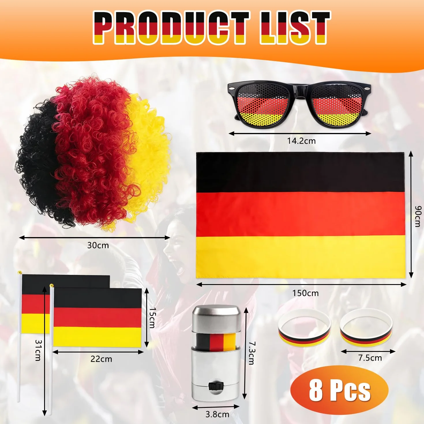 Alemania Decoración Mundial Fútbol 2026 Paquete 8 Artículos Gafas Sol Lápiz Maquillaje Bandera Pulsera Peluca