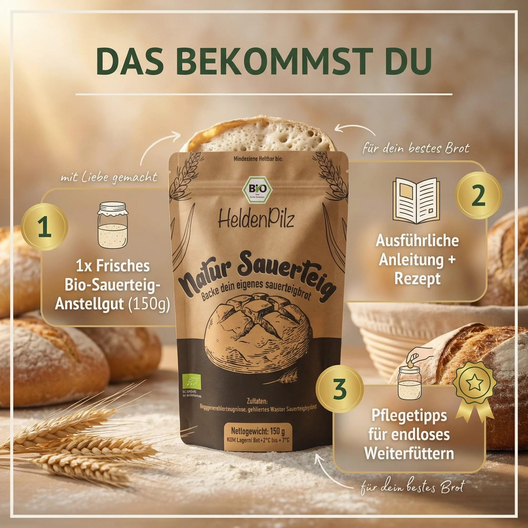 HeldenPilz | Masa agria orgánica fresca | Set para hornear pan + regalo | hacer pan crujiente tú mismo, incluye instrucciones y recetas, ingredientes 100% naturales (centeno para iniciar la levadura