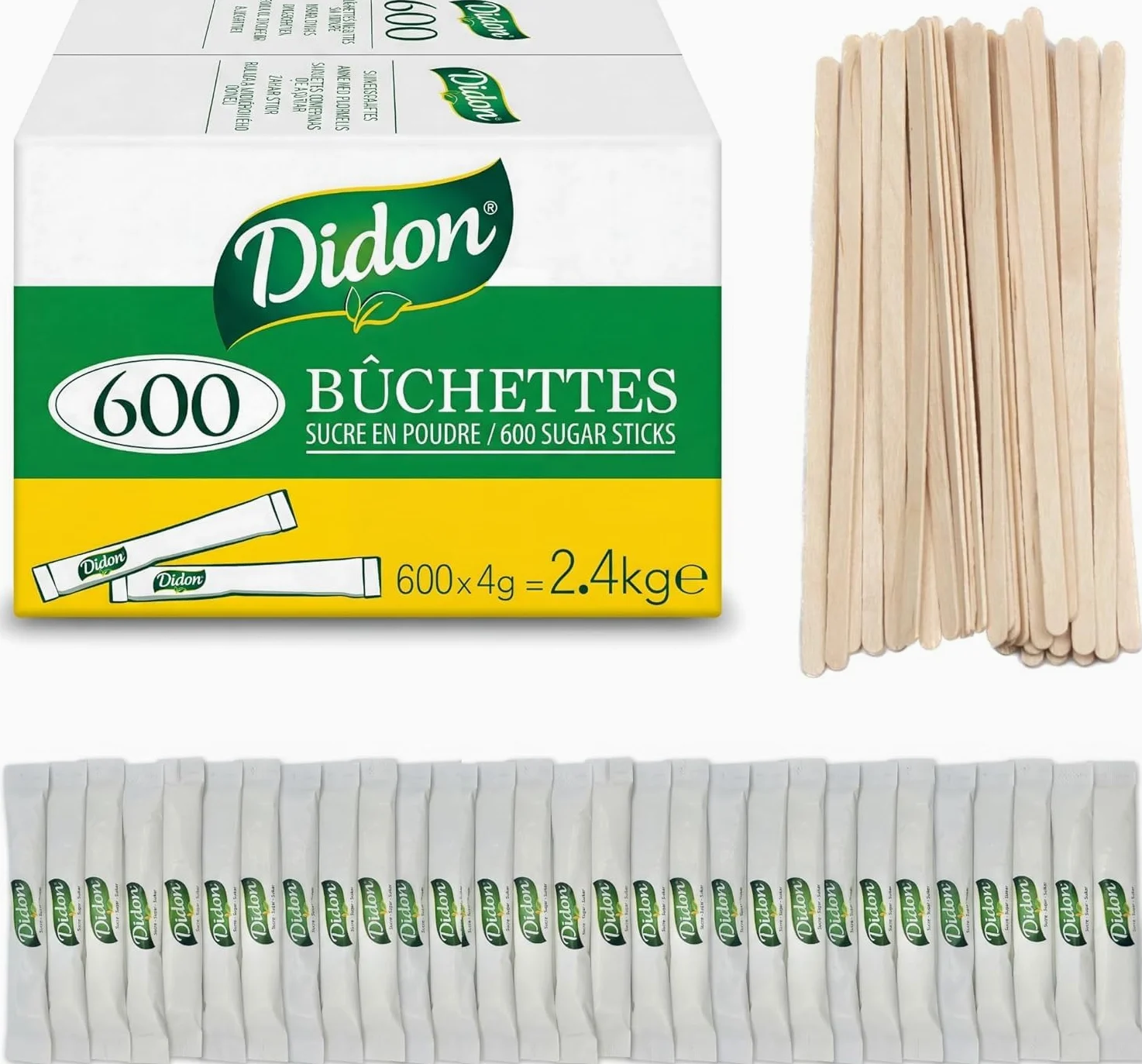 Lote de 4800 sobres individuales de azúcar de 4g (19,2 kg) con removedores de madera – Perfecto para café, té y otras bebidas calientes - azucar blanco
