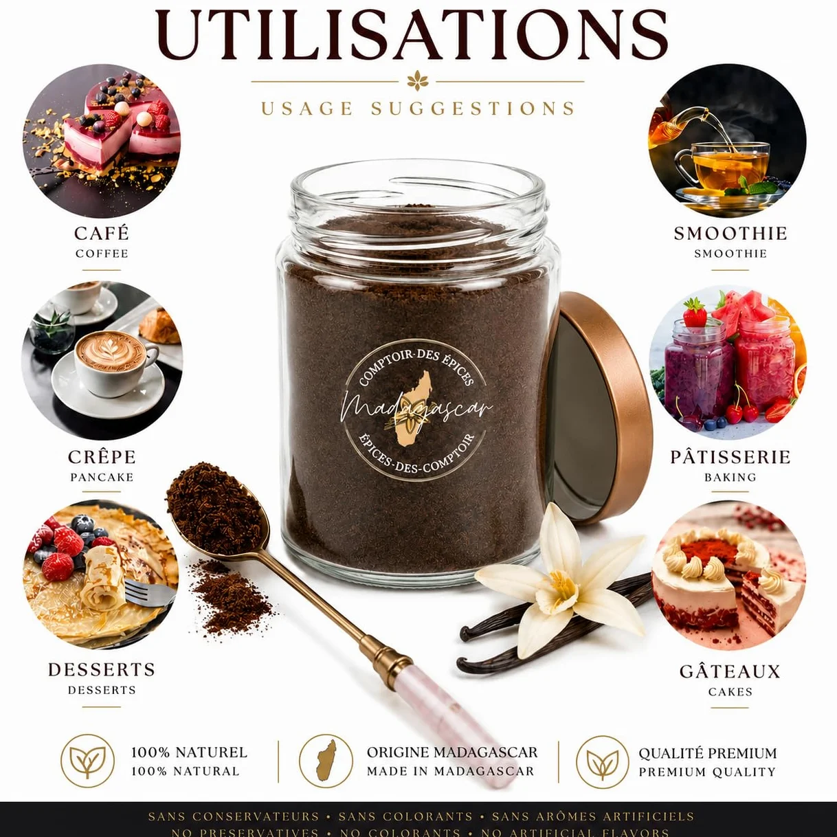 Comptoir Des Epices Madagascar Vainilla - Polvo de vainilla Bourbon (150 g) - vaina de vainilla pura molida - para café - Pastelería - Desertos - Cocina - Infusion (empresa francesa)