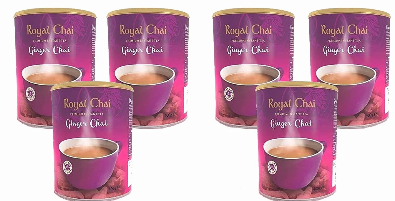 Royal Chai Jengibre Endulzado Bañera 400g (paquete de 6) – Té instantáneo premium – Té de jengibre – Natural – Té indio instantáneo de jengibre