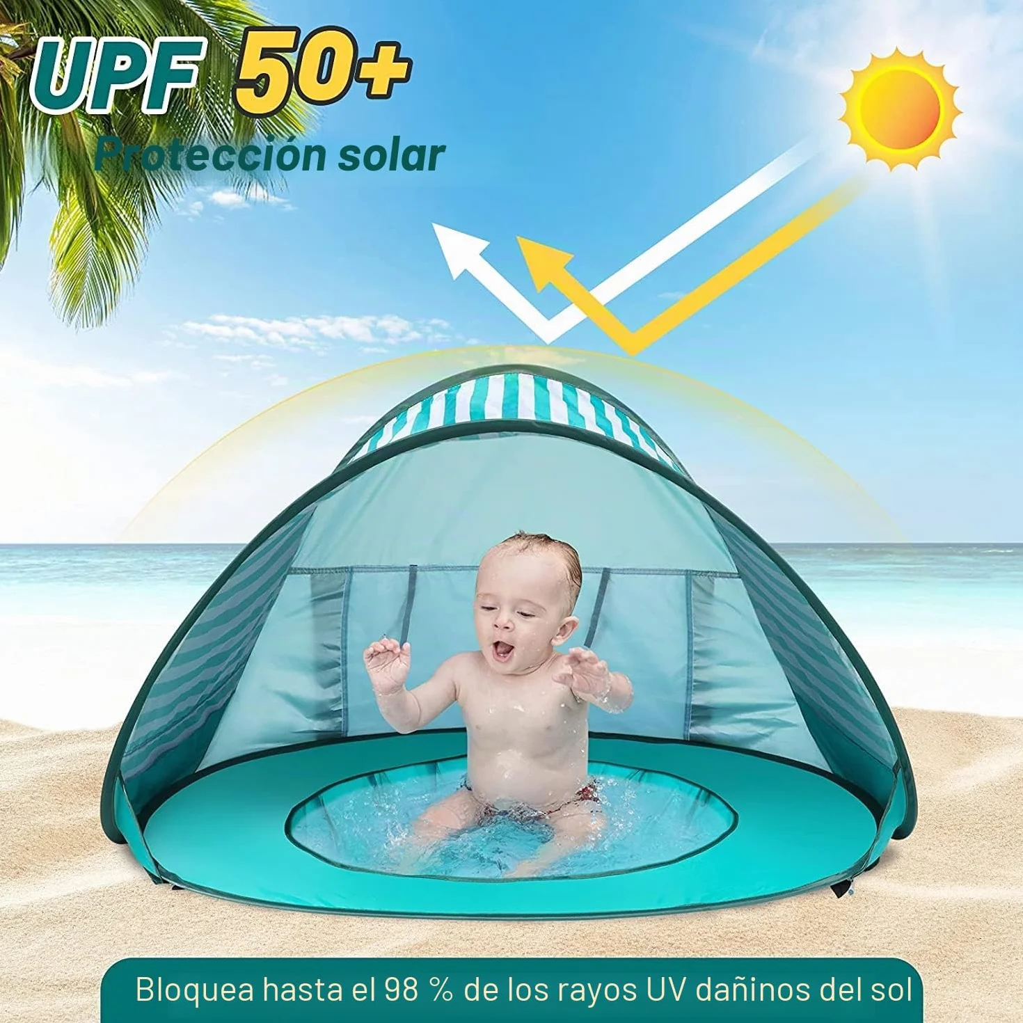 Tienda de campaña para bebé con mini piscina, protección UV, para playa y jardín (verde)