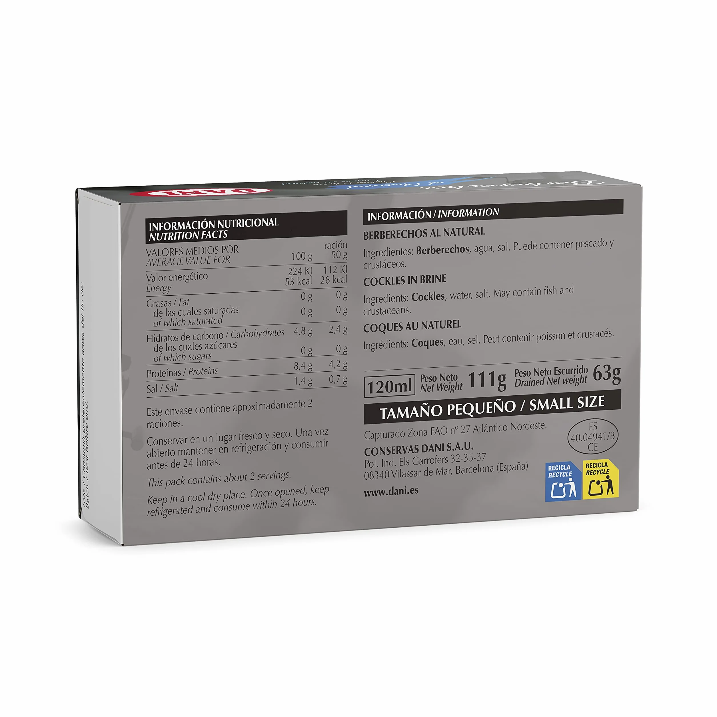 Dani - Berberechos al natural - Pequeños - Pack 4 x 111 gr.