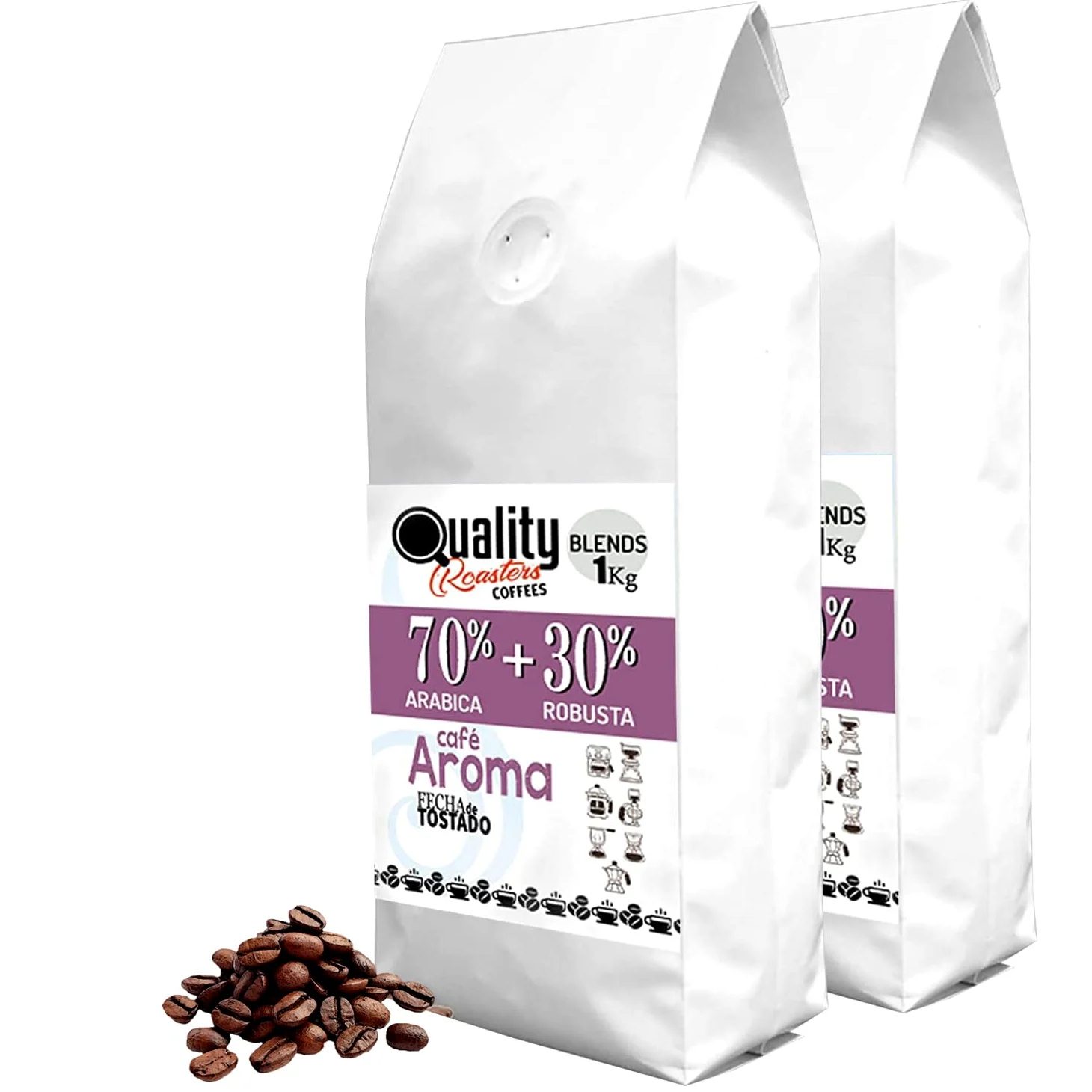 Café en grano natural "Aroma". 70% Arabica + 30% Robusta. Blend. Tostado artesanal. (2 Kg, Tostado clásico)