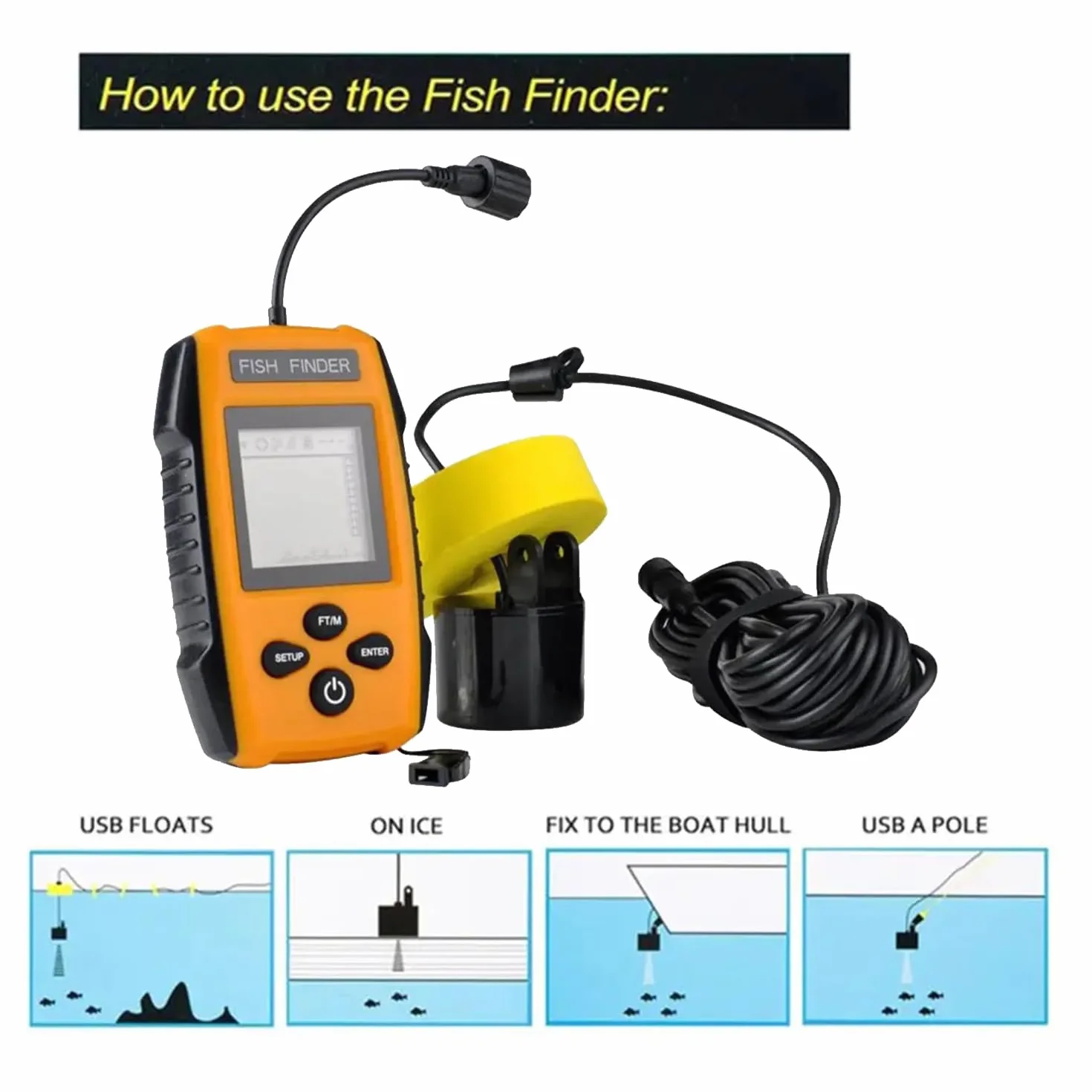 Sonar Buscador de Peces 100 m 45° Cobertura Eco Sonda Alarma Transductor Detector de Pesca Subacuática