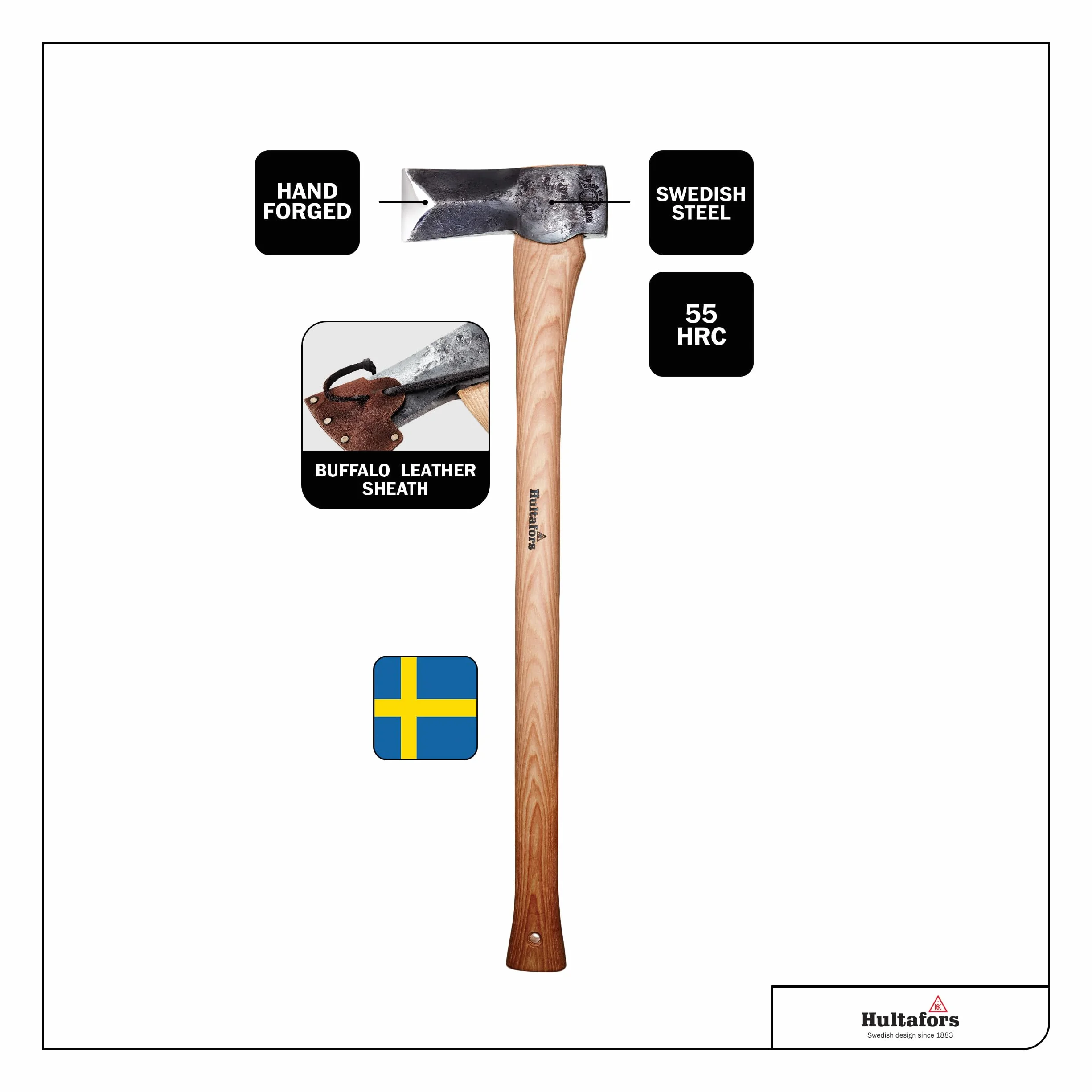 Hacha Hultafors forjada a mano 705mm acero sueco 2020g mango nogal americano funda cuero reafilable