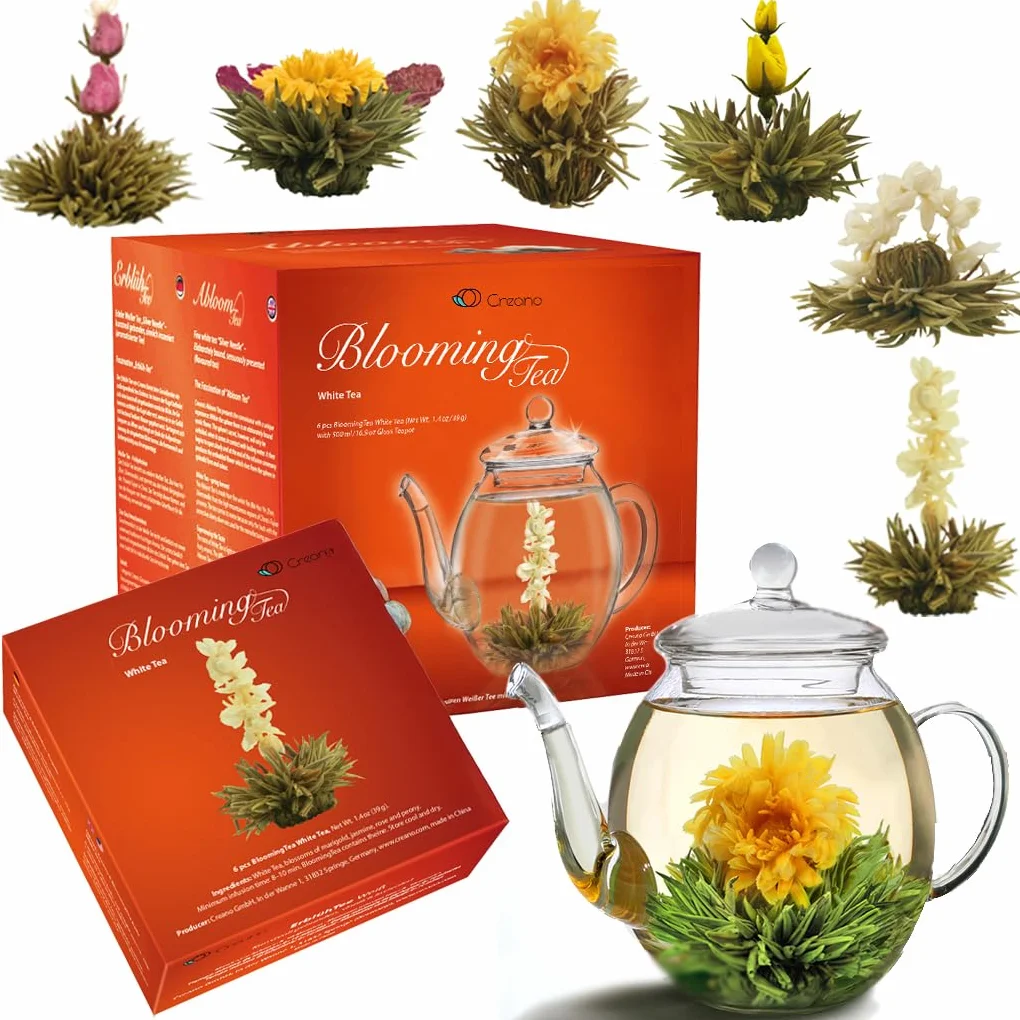 Creano Set de Flores de Té Blanco 6 uds y Tetera de Vidrio 500ml Antigoteo – Experiencia de Bienestar y Relax – Té Blanco Suave de Calidad Artesanal